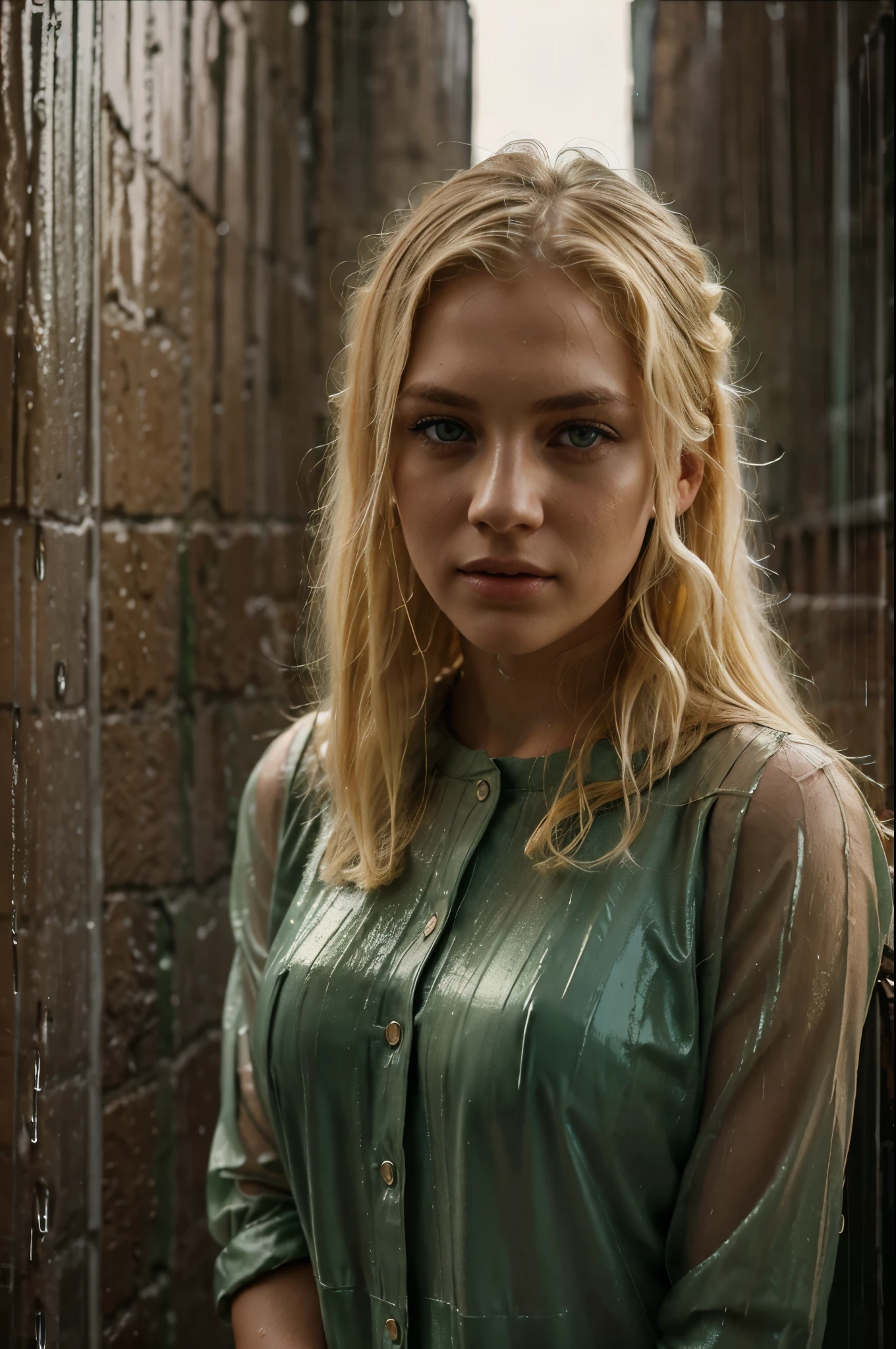 blond woman with green eyes leaning against brick wall in rain, realistic face moody lighting, beautiful blonde girl, color photograph portrait 4k, raining portrait, pretty girl standing in the rain, a girl with blonde hair, young blonde woman, blonde woman, blond hair green eyes, blonde girl, portrait soft low light, rainy evening, soft portrait shot 8 k, atmospheric portrait