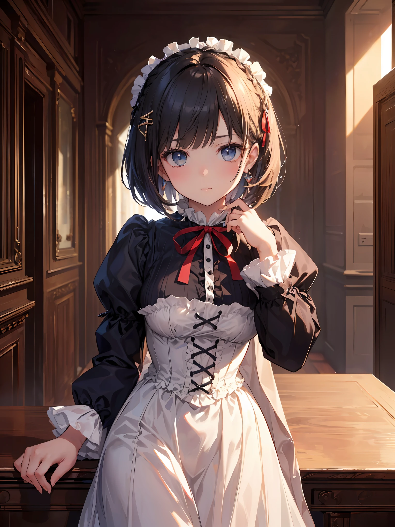 (highest quality、16K、masterpiece、ultra high resolution、Victorian era、Photoreal:1.2)、cowboy shot、One length bob cut braided hair clip with front drop、big ribbon、brand uniform cute、clear、 Tsundere、heroine attributes、artistic shadow