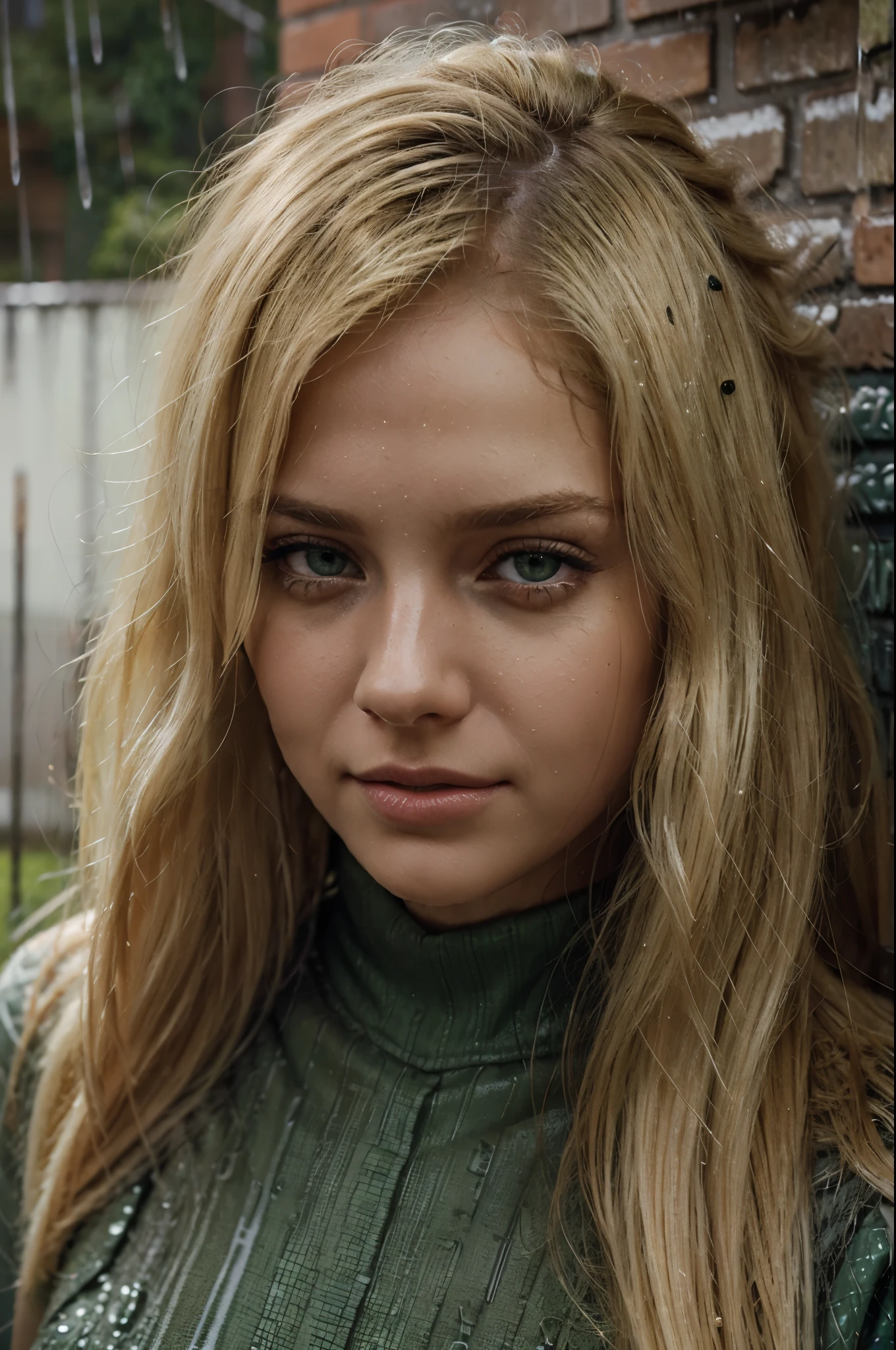 Woman's face, beautiful face, sexy face, golden ratio face, soft and long yellow hair, green eyes, big eyes, small nose,Very light green eyes, bright white skin, smiling, full lips