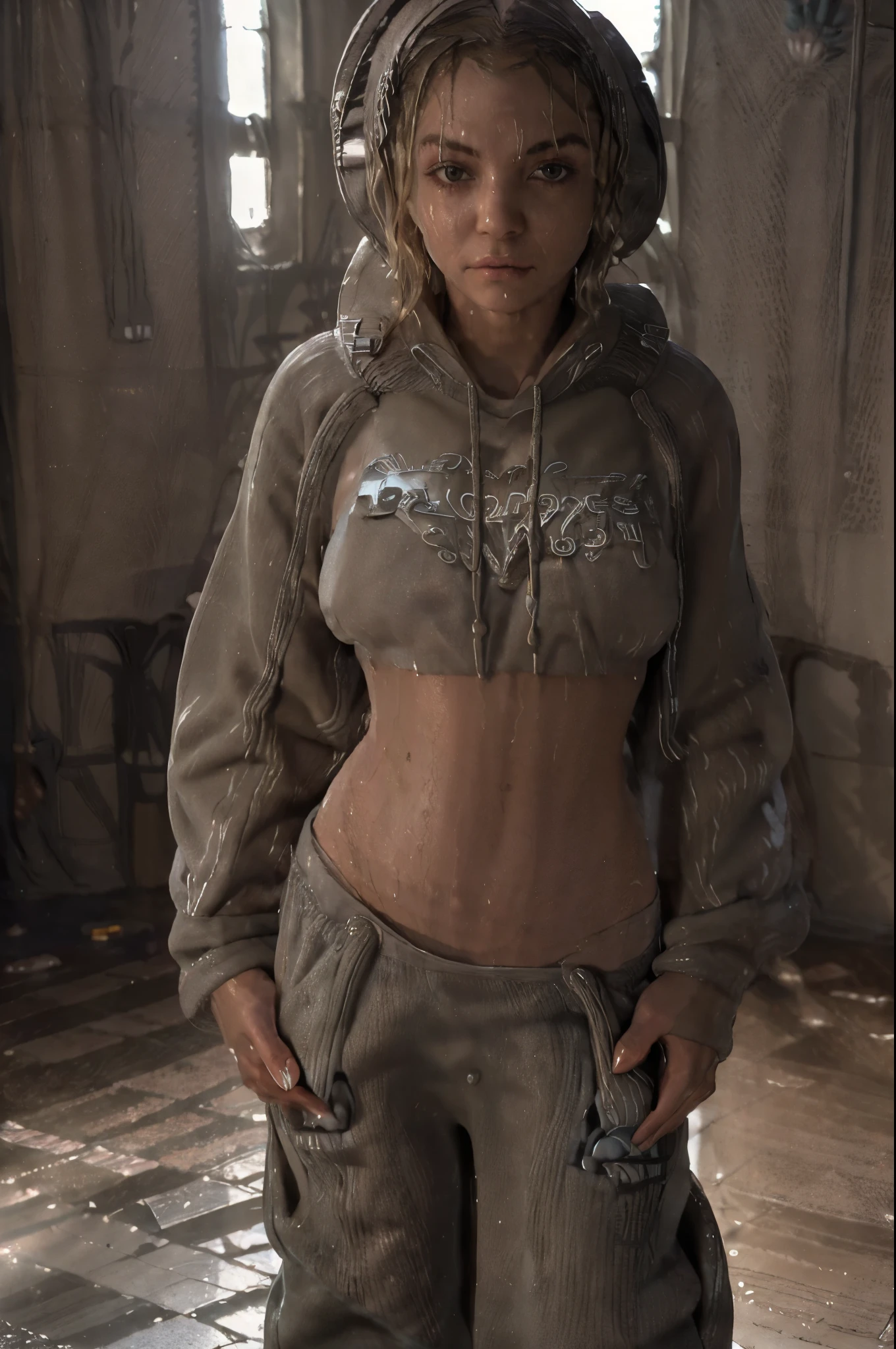 fullbody image, 1girl looking directly at the viewer, best quality, absurdres, masterpiece (fullbody, standing in front of the viewer:1.3) a sad beautiful young girl 19 years old, nineteen, with platinum-blonde hair, small breasts, and a thin waist. wears a ((((baggy sweat pants and sweatshirt))):1.5). Overall she's rather tomboyish, (wet skin, wet hair, SSS subsurface scattering skin:1.5). Happy expression, sexy body, , thin waist, slim waist, perfect hot body (perfect beautiful eyes:1.2), luxury modern interior design background,, ((best quality)), intricate detailing, luminous backlighting, high contrast, sharp focus, Cinematic, Filmic, medium shot, 4k, Front-light, (Cinematic side Lighting:1.1)(night time:1.1), (rain:1.2), highly detailed (((fullbody image)))