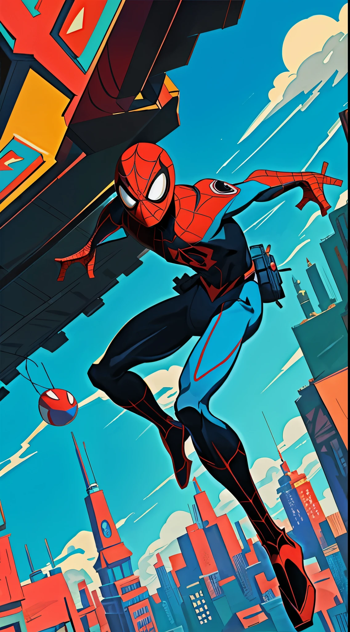 Masterpiece, best quality: Spiderman Miles Morales, DVD screengrab transformed, anime-inspired, retro glimpse, rendered by Studio Ghibli artisans, studio ghibliesque aesthetics, vivid colors, fluid motion, intricately detailed backgrounds, cinematic panoramas.