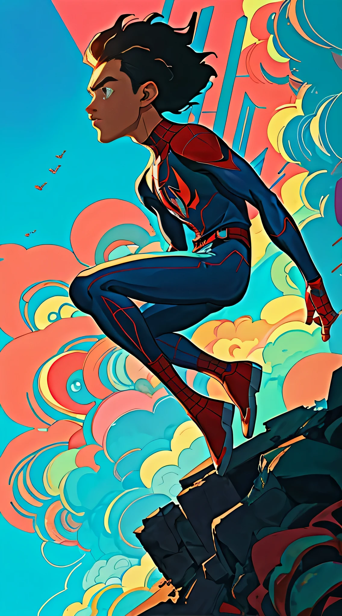Masterpiece, best quality: Spiderman Miles Morales, DVD screengrab transformed, anime-inspired, retro glimpse, rendered by Studio Ghibli artisans, studio ghibliesque aesthetics, vivid colors, fluid motion, intricately detailed backgrounds, cinematic panoramas.
