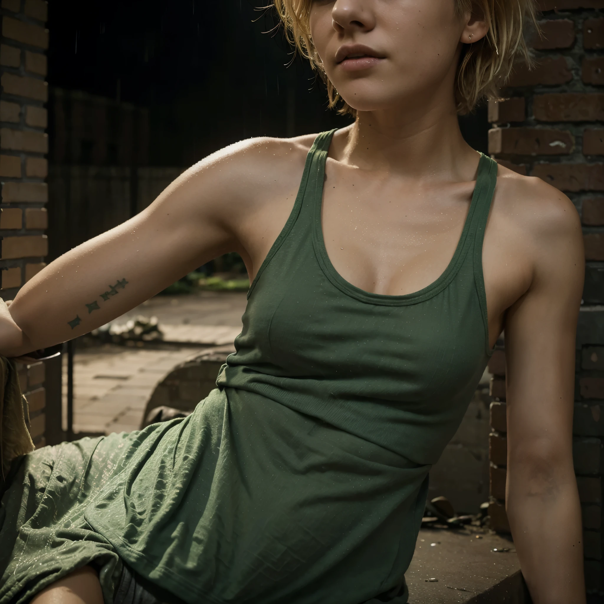 young homeless woman with crazy short blond hair and green eyes, pretty, blank expression, baggy tank top, leaning against brick wail outdoors in rain at night in city, moody, looking at viewer, dramatic lighting, portrait photography, (depth of field), ((masterpiece)), ((best quality)), ((highly detailed))