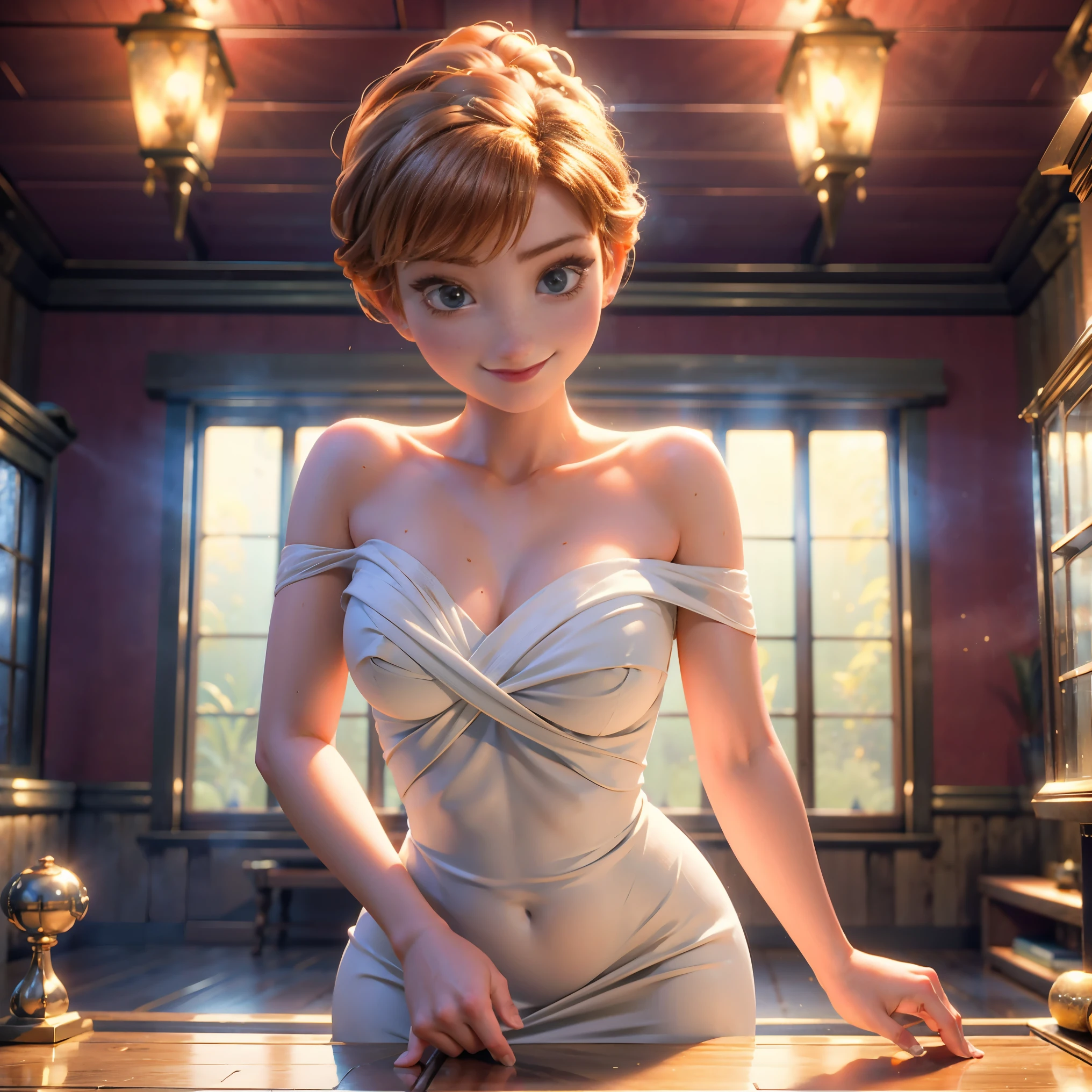 action, sexy, romantic, romantic lighting, One girl, (Anna from Disneys frozen as a milf all alone in her chambers wearing white bathtowel_nude), coming out of the shower:1.2,  showing off her curves and smiling, sexy, beautiful girl, innocent, flirtation, all alone, bending down to show off to the camera, clear eyes,  by the mirror, reflection