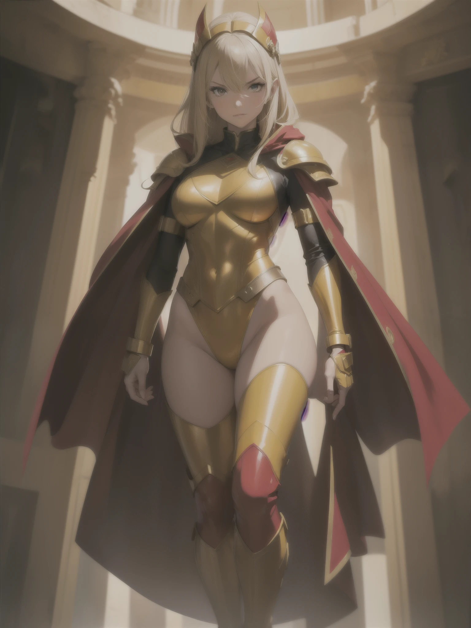 ((masterpiece)), ((best quality)), ((high res)), (dynamic villain pose), (solo, solo focus), standing, italian, blonde hair, brown eyes, a woman in a yellow and red costume and red cape, leotard, bare legs, roman helmet with futuristic visor, matching armored boots, space backdrop