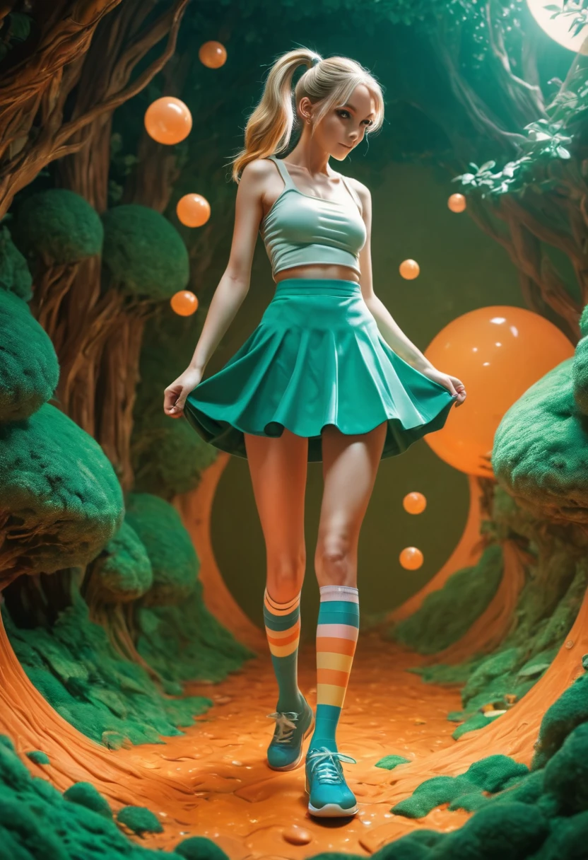 Marija, anime character, extremely skinny body shape, long legs, blonde hair with a high ponytail, mole under left eye, shoes and knee-high socks, miniskirt, tnak top, powerful, shy, submissive, the goddess of magic circles, magical powers, circles of light that emanate from his hands, action, color theme in green and orange tones with a touch of gray and brown, anime colors, fang, Surrealism, drop shadow, anaglyph, stereogram, tachi-e, pov, atmospheric perspective, 8k, super detail, ccurate, best quality