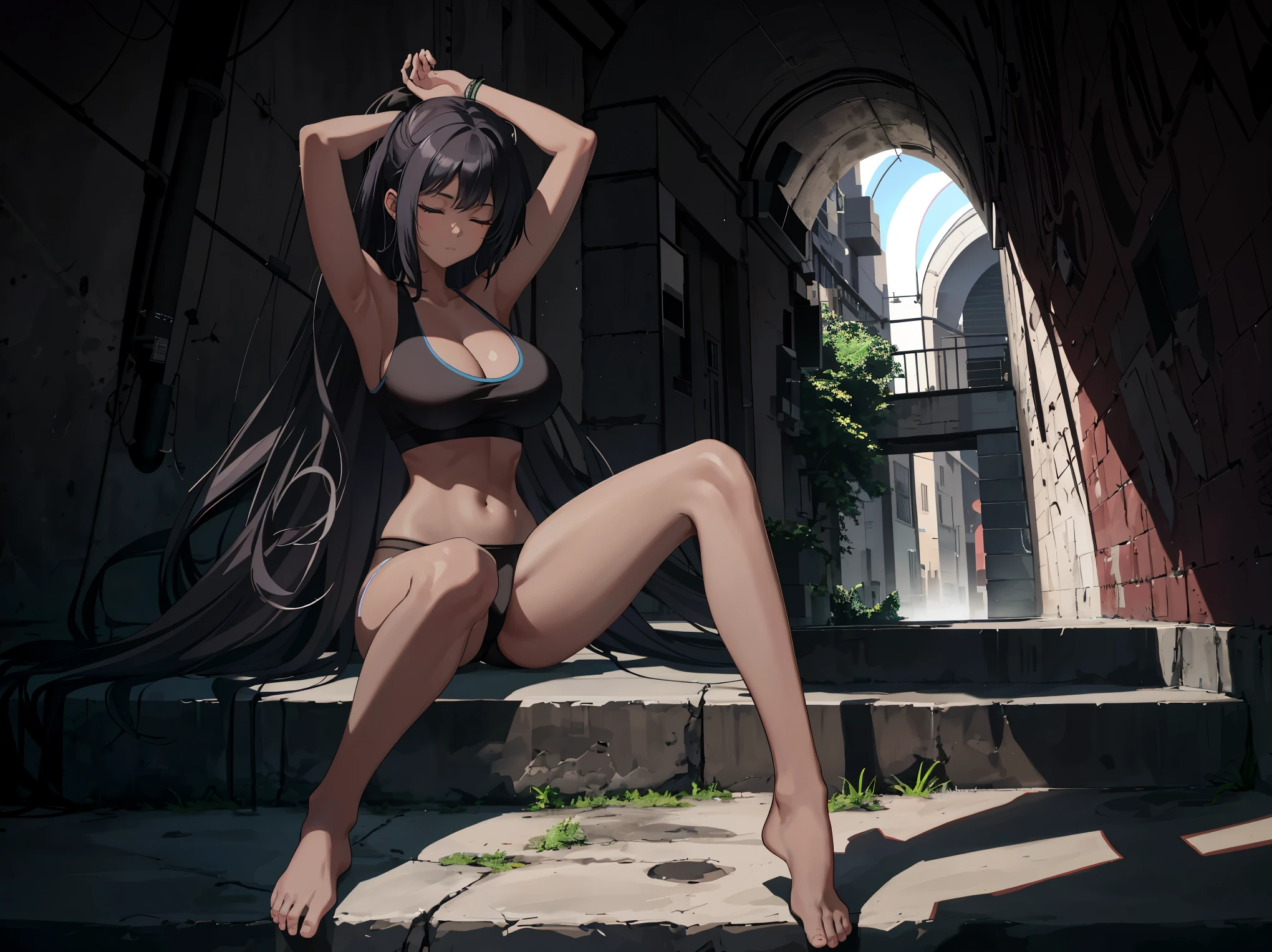 Masterpiece, best quality, high resolution, 1 woman, black skin , black hair , Close your eyes.. , black tank top , underwear , abdomen , big breasts, Long legs , Barefoot , stretch , sit , open your legs. , stairs , tunnel , drain pipe