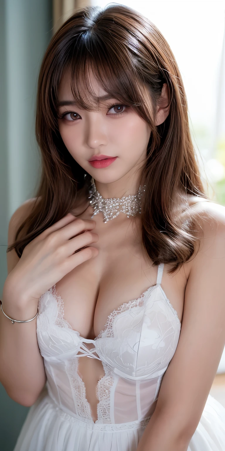 Canon RF85mm f/1.2,Obra maestra,Mejor calidad,ultra high resolution,vc,1 chica,(coreano mixto,KPOP Idol:1.2),solo,blanco_brillante_piel,ojos negros,Collar,((Brown_largo_Ondulado_cabello)),((rosa_brillante_labios)),Eyelashes,golpes,hacer,constituir,brillante,poro,piel texture,pulsera,fuera del hombro,transparente,pechos grandes