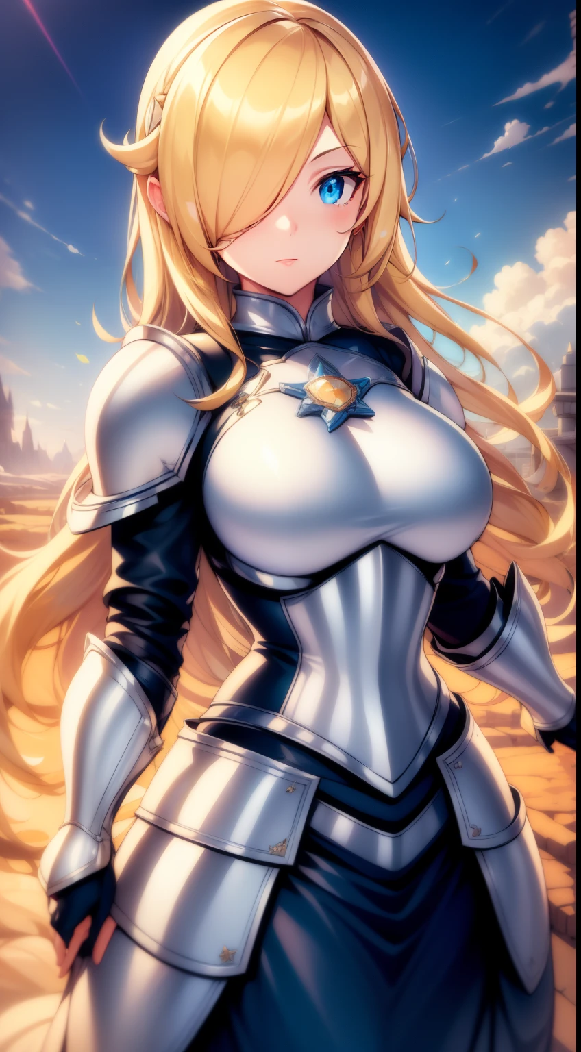 Realistic lighting, Top Quority, 8K resolution, (masterpiece: 1.3), (Clear focus: 1.2), 1 girl, delicate face, big double eyelidpression, Perfect anatomy of the body, (perfect body: 1.6), blond hair, one eye covered, armor,   long knife, magia, exterior, (date: 1.1), 1080p, hyper HD, texture, super detailed, best quality, high detail, highest quality. Rosalina, heavy armor, silver chestplate