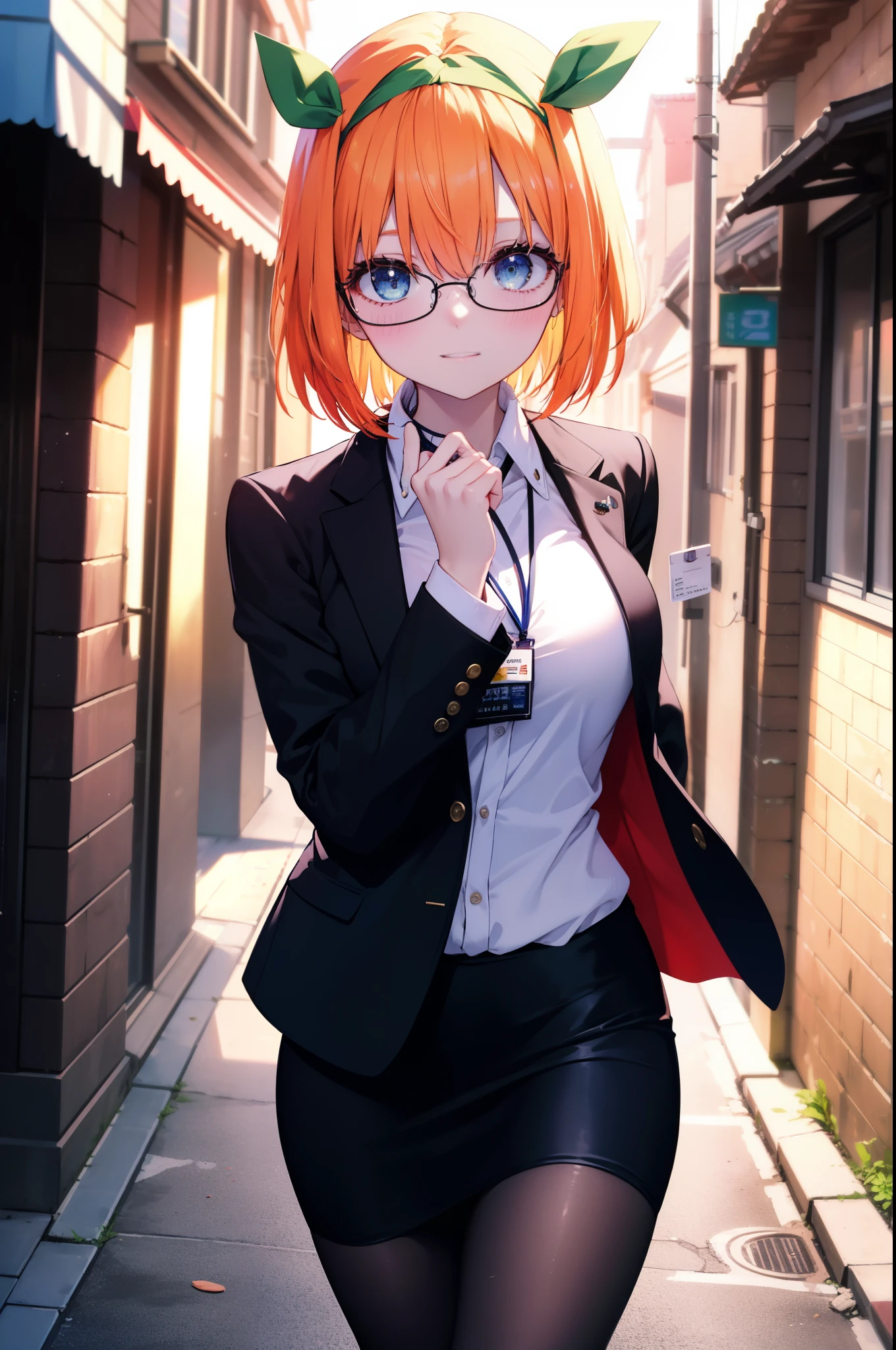 yotsubanakano, yotsuba nakano, bangs, short hair, blue eyes, hair between eyes, hair ribbon, hair band, orange hair, green ribbon,smile,blush,OL, Akabu glasses, end, black suit jacket, collared jacket, white dress shirt, collared shirt, neckline, button, strap, ID card on neck, black pencil skirt, black pantyhose,stiletto heels,sunrise,morning,The sun is rising through the gap between the buildings,walking,
break looking at viewer, (cowboy shot:1. 5)
break outdoors, In town,building street,
break (masterpiece:1.2), highest quality, High resolution, unity 8k wallpaper, (figure:0.8), (detailed and beautiful eyes:1.6), highly detailed face, perfect lighting, Very detailed CG, (perfect hands, perfect anatomy),