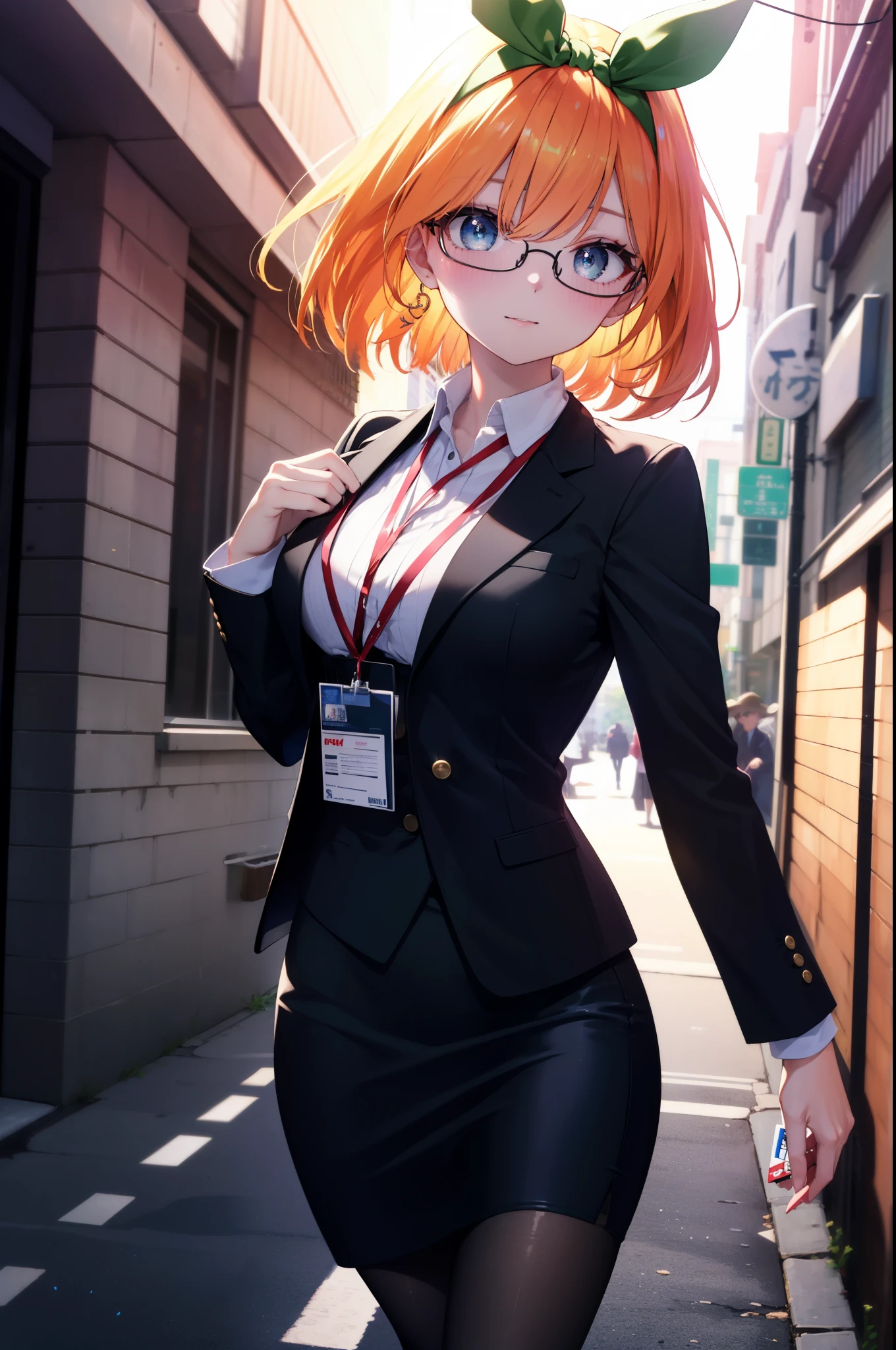 yotsubanakano, yotsuba nakano, bangs, short hair, blue eyes, hair between eyes, hair ribbon, hair band, orange hair, green ribbon,smile,blush,OL, Akabu glasses, end, black suit jacket, collared jacket, white dress shirt, collared shirt, neckline, button, strap, ID card on neck, black pencil skirt, black pantyhose,stiletto heels,sunrise,morning,The sun is rising through the gap between the buildings,walking,
break looking at viewer, (cowboy shot:1. 5)
break outdoors, In town,building street,
break (masterpiece:1.2), highest quality, High resolution, unity 8k wallpaper, (figure:0.8), (detailed and beautiful eyes:1.6), highly detailed face, perfect lighting, Very detailed CG, (perfect hands, perfect anatomy),