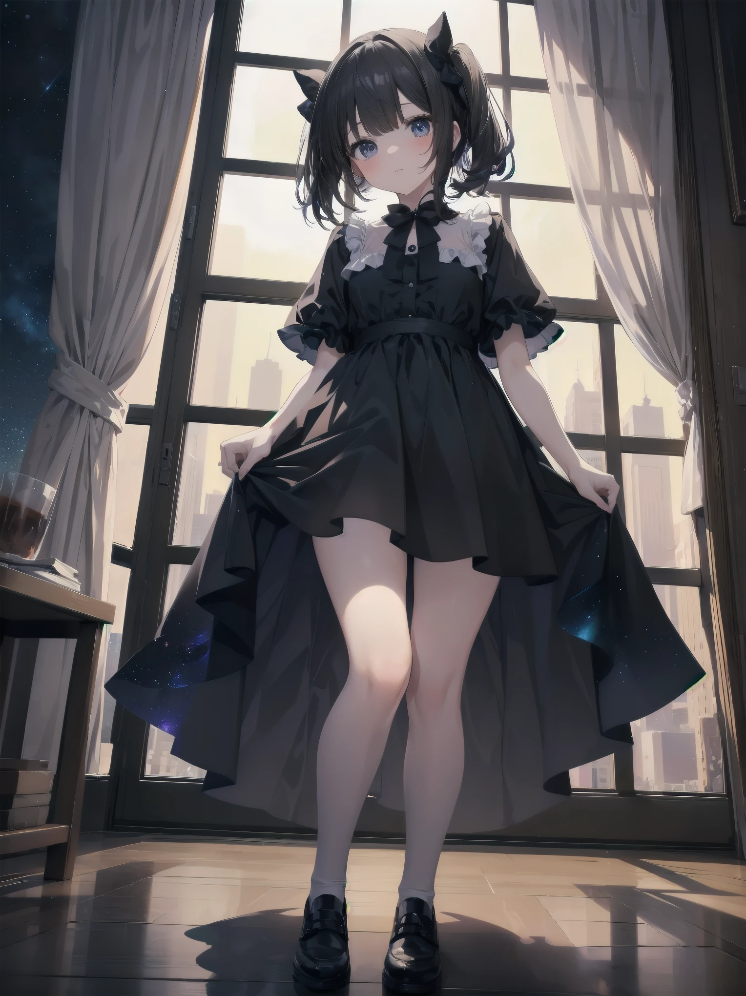 Artistic AI Art Galaxy(masterpiece:1.2, best quality),clear。lift up the skirt、cute girl、The night view of the big city outside the window、artistic shadow、I can&#39;t believe it but it&#39;s so ridiculously cute
