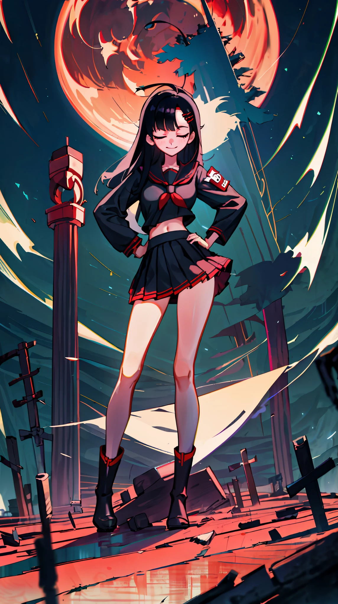 Masterpiece, best quality, high resolution, 1 girl, Ichika , long straight black hair , Close your eyes... , smile , sailor shirt , short skirt , underwear , boots, Long legs , Stand with your legs spread apart. , full body , sly face , abdomen , big breasts , stand on your hips..., Abandoned buildings , nighttime , red moon