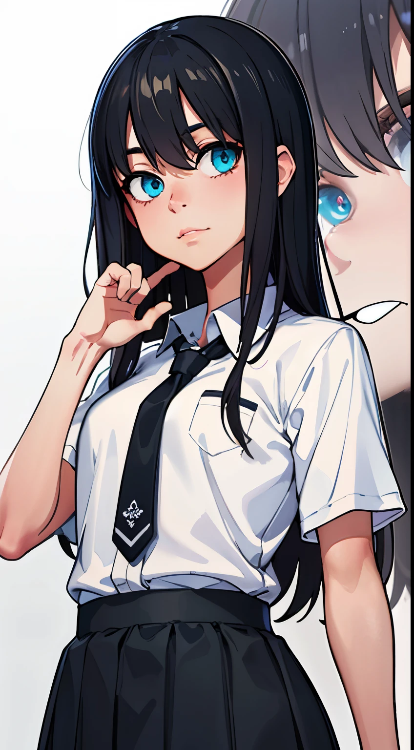 { masterpiece : best quality : high resolution : unity 8k wallpaper : illustration : beautiful detailed eyes : extremely detailed face : perfect lighting : extremely detailed CG  }(( white background)){ fit body : dark long hair : white shirt : tie : short sleeves : black skirt : solo : cutest pose }