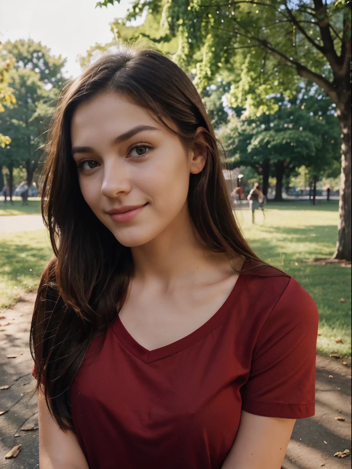 Photo of a 20 year old brunette woman, that has a very natural face, thin lips, thin eyes, thin eyebrows, thin nose. In park happy, sunshine, smile, wearing a red tshirt, like profile picture.