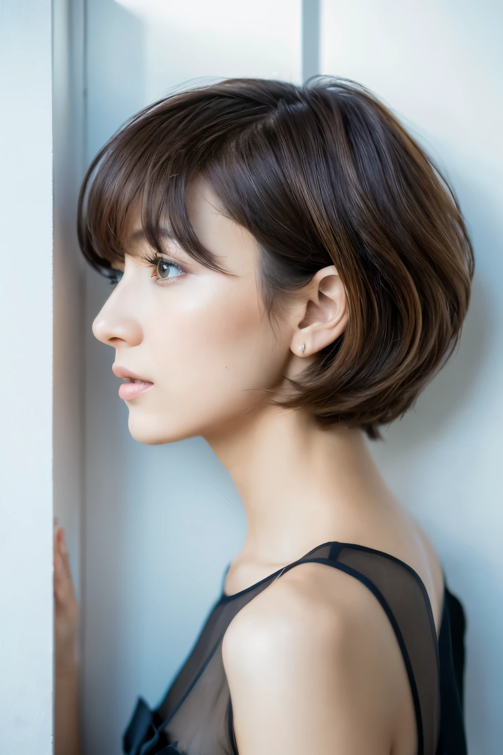 (layered haircut:1.2)), 8K, (Raw photo), (highest quality), (Photo realistic:1.4), (4K High level image quality:1.2), (High resolution, highest quality, high detail, formal:1.4), (realistic:1.2, hyper realistic:1.1, Photo realistic:1.37), depth of field, (Detailed face), (Detailed eyes), unparalleled beauty, Skinny Japanese lady, (35 years old), a little depressed, white wall, Taken in front of the white door, ((white wall room with window)), natural soft light, short hair, beaver hair, (Detailed expression of hair), (in profile), Versatile poses, random pose, bare sholders