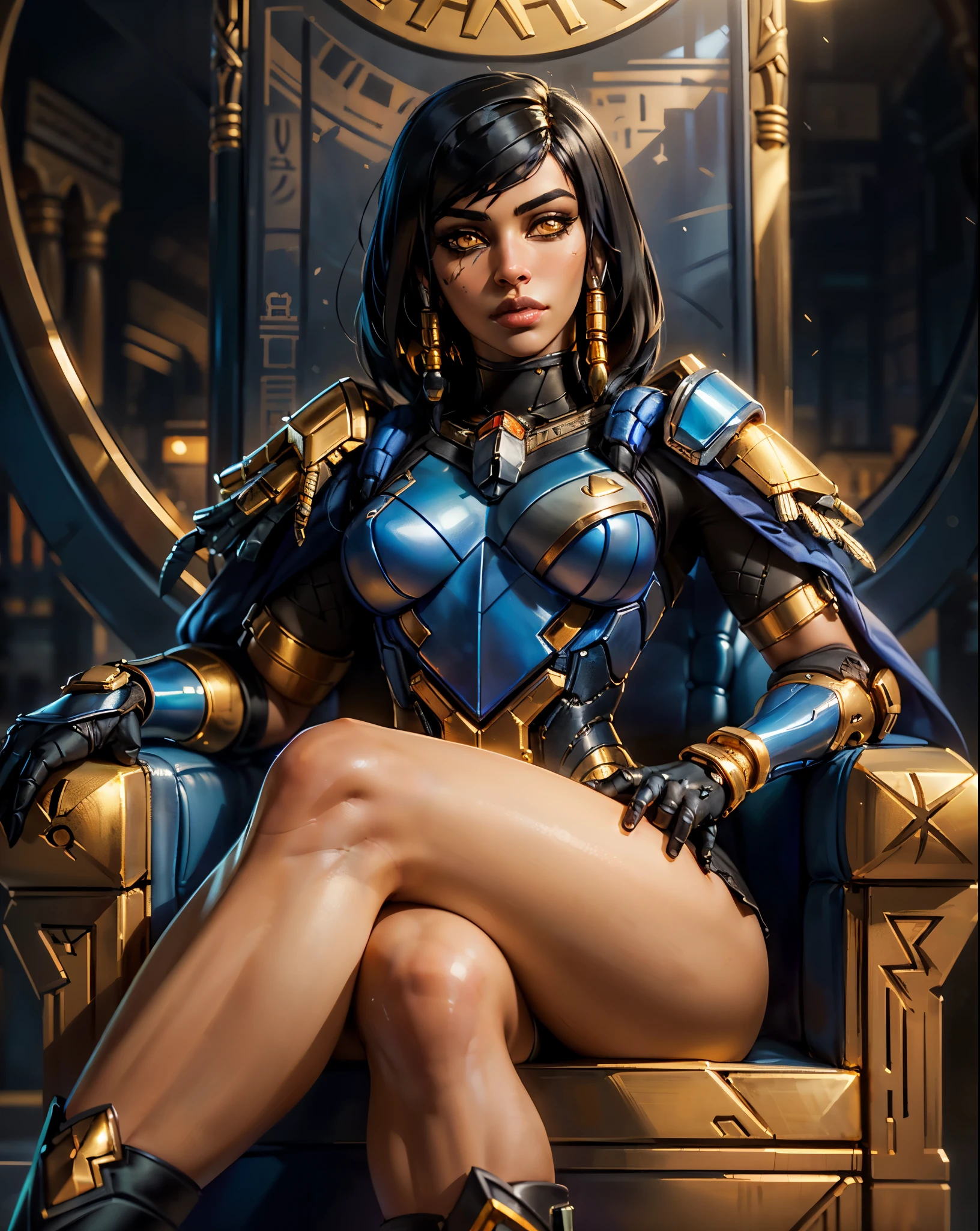 masterpiece, best quality, colorful, detailed, intricated, warm colors, sharp focus, Pharah from overwatch, egyptian queen 1girl, cowboy shot, frontal view, sitting,  armchair,  glowing golden eyes, legs crossed, detailed eyes, black braided bob hair, 