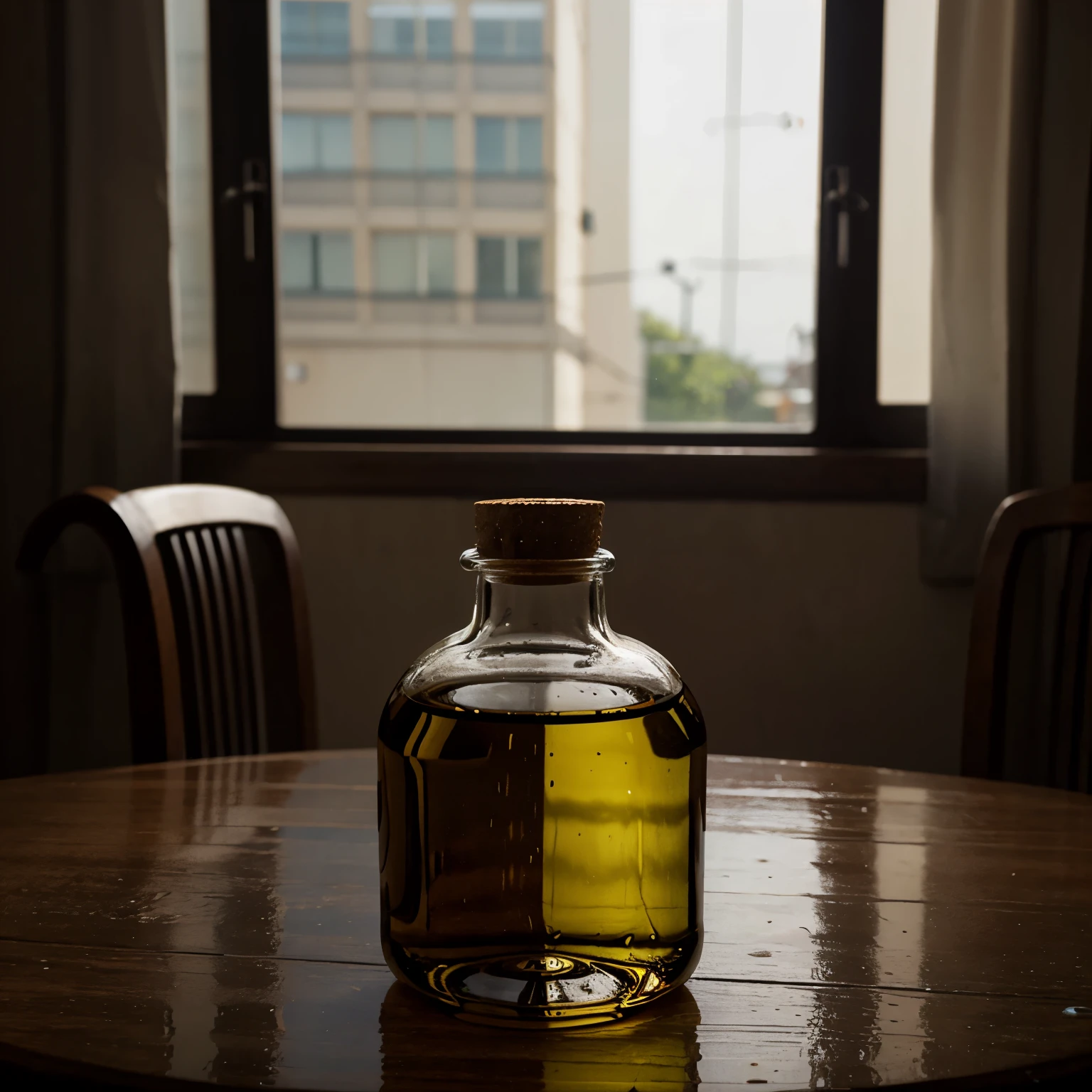 glass, Oil bottle, $30, on a table, portrait 