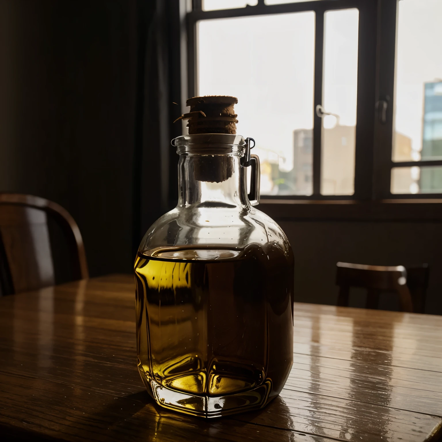 glass, Oil bottle, $30, on a table, portrait