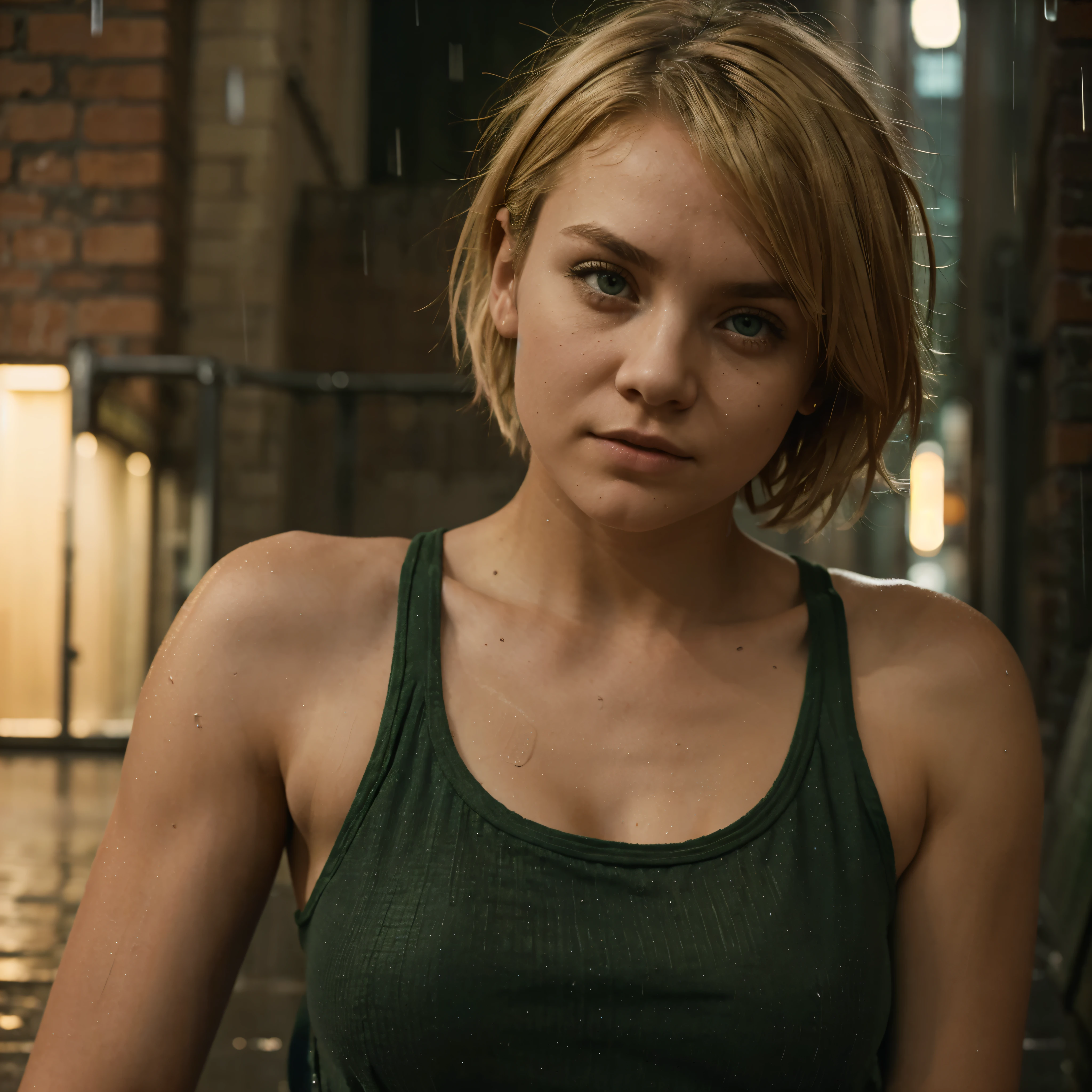 young homeless woman with crazy short blond hair and green eyes, pretty, loose-fitting tank top, leaning against brick wail in rain at night in city, moody, looking at viewer, dramatic lighting, portrait photography, (depth of field), ((masterpiece)), ((best quality)), ((highly detailed))