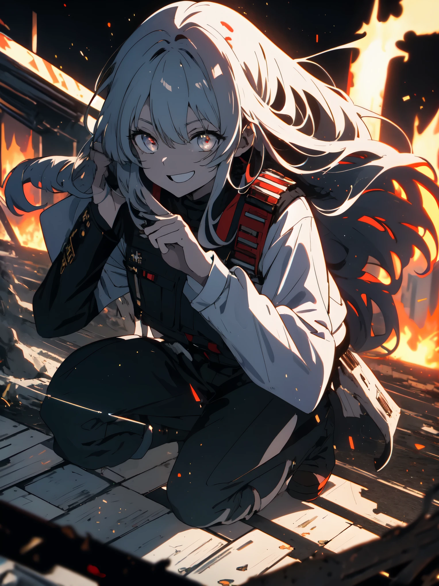 (masterpiece, highest quality), Ruined city and fire in the background, kneel on the ground、(anime girl, white military man), (Shining eyes)、4k manga wallpaper, bleach, detailed anime 8k, gapmoe yandere, with a creepy smile, Crazy laughter,  black long hair, white mini skirt, white long sleeve military uniform、beautiful anime