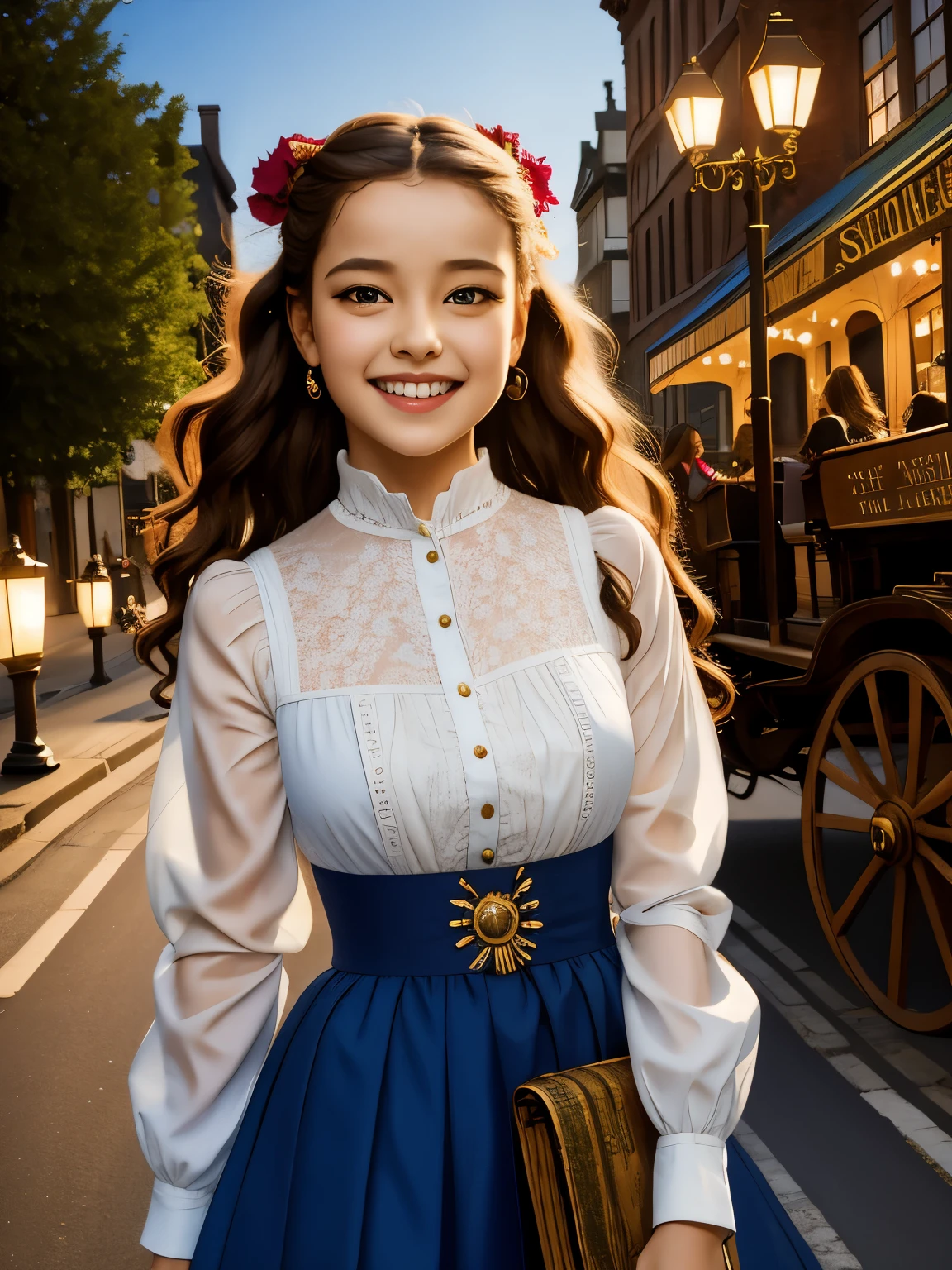 (masterpiece), best quality, expressive eyes, perfect face,a girl smiles towards the camera in a wonderful sunny day. her smile is cheerful but contained and reserved, Victorian era posing in front of a period building, night, street lights, people along the road, horse-drawn carriages, romantic atmosphere, sky with various nocturnal colors and stars.
