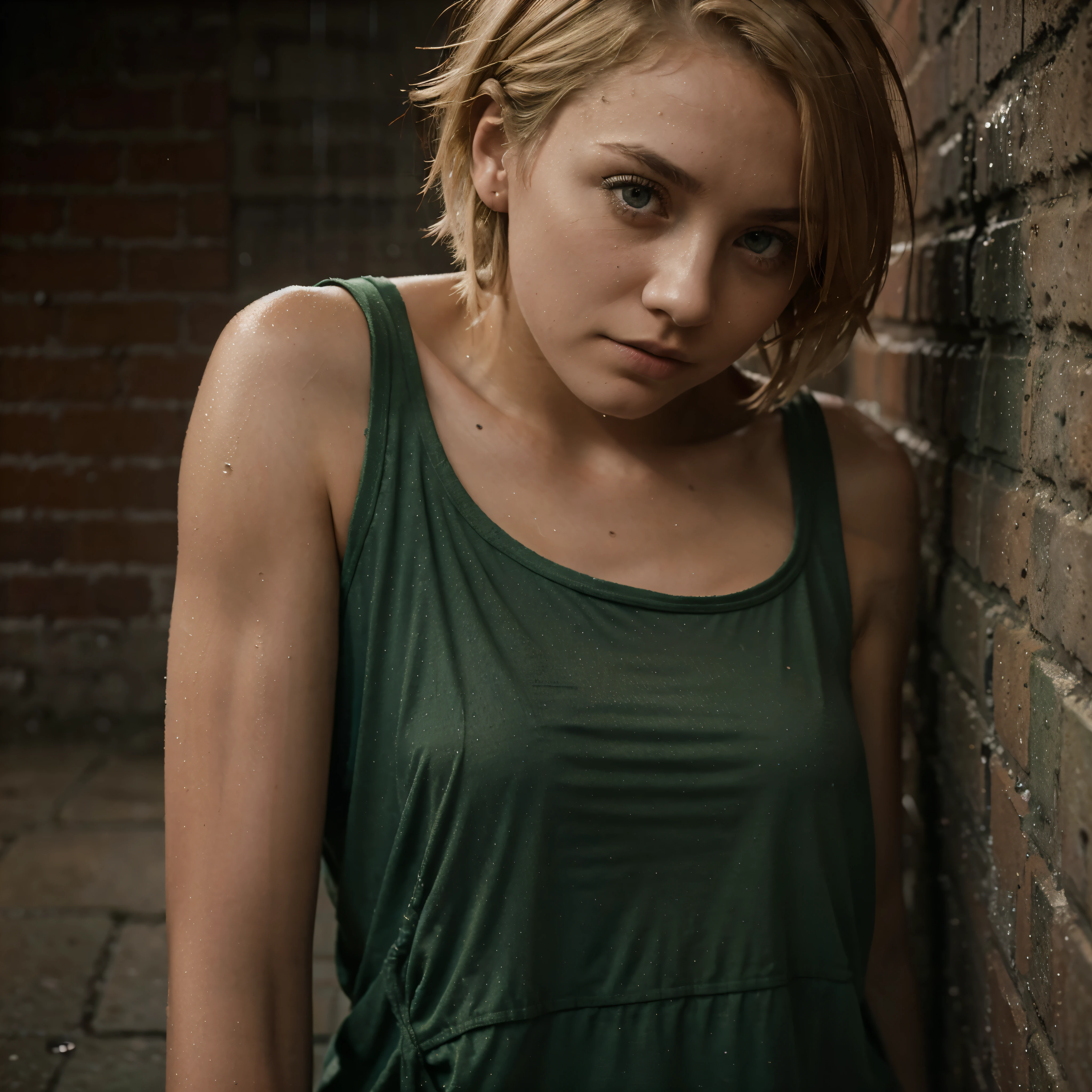 young homeless woman with crazy short blond hair and green eyes, pretty, sexy, baggy tank top, leaning against a brick wall in rain at night in city, moody, looking at viewer, dramatic lighting, portrait photography, (depth of field), ((masterpiece)), ((best quality)), ((highly detailed))