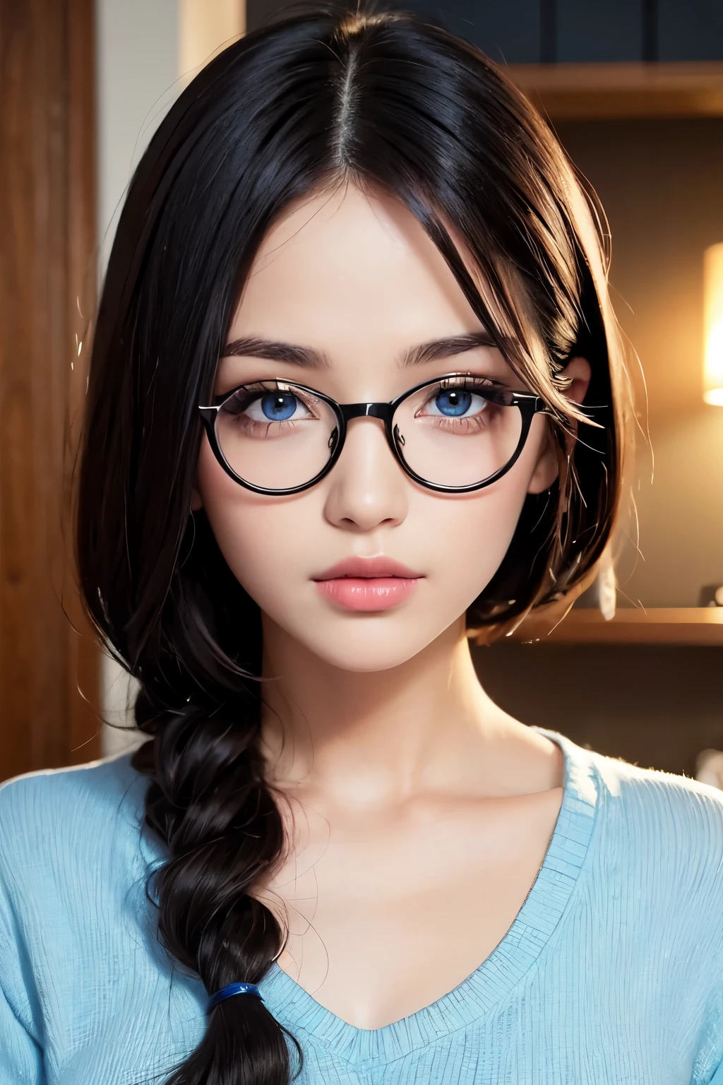 realistic,( photo-realistic), ultra hires, (masterpiece, top quality, best quality, official art, beautiful, raw photo, (high detailed skin:1.3), detailed woman, kafka, blue eyes, blue hair, eyewear on head, long eyelashes, delicated eyebrows, beautiful lips, high detailed eyes, ((big breasts: 1))