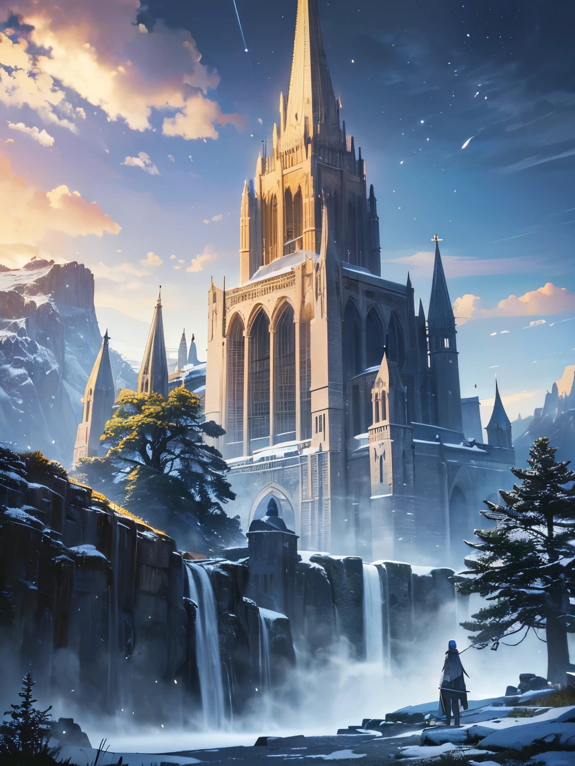 (masterpiece, shape, highest quality, become familiar with,High resolution:1.4), far away, colorful, lively, lush green, volume lighting, contrast, , from far away, written boundary depth , scenery, Landscape painting, concept art, intricate details, stylized, , cloudy sky, starry sky illuminated by moonlight, fantasy, Cities of the ancient kingdom [Colosseum,sacred,Cathedral] scenery, snow, waterfall, , blooming tree、Grass、flower ,  Rocky Mountains and forest snow in the background ,    , (fantasy魔法:1.4)