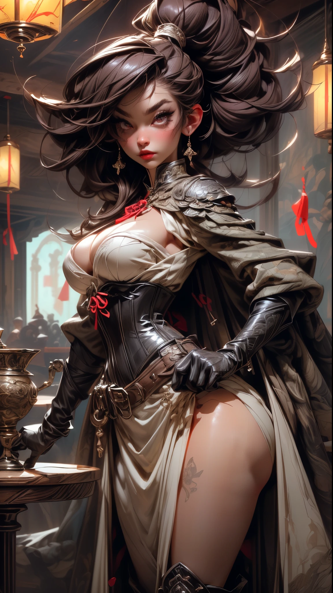 (:1.5), realistic, photorealistic, (masterpiece:1.5), concept art, intricate details, highly detailed, octane render, 8k, unreal engine,  seductive slutty dynamic pose, best quality, highres, ((dramatic)), epic, depth of field, 8k, particles, (realistic face:1.1, hyperrealistic:1.1), ((1vampiregirl, close-up, accentuated super huge enormously , cleavage showing, perfect eyes, detailed eyes, high quality eyes, perfect face, high quality face, shiny pale skin:1.2, shiny face:1.2, embarrassed, blushing:0.8, red eyes)), server, dark gothic horror rustic tavern interior in background, pitcher, sign, jovial fantasy atmosphere, detailed background, blurry wooden bar table as foreground, (((very long platinum brown hair, perfect hands))), ((extremely intricate cloak, leather corset armor, leather belt, boots, padded cloth, gloves with lots of straps buckles and zippers)), Full body portrait 