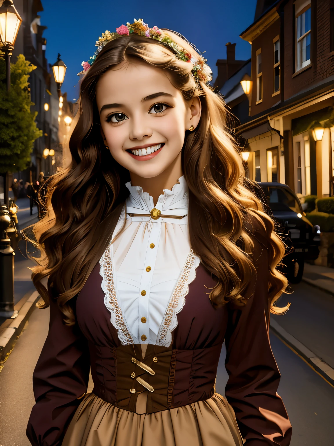 (masterpiece), best quality, expressive eyes, perfect face,a girl smiles towards the camera in a wonderful sunny day. her smile is cheerful but contained and reserved, Victorian era posing in front of a period building, night, street lights, people along the road, horse-drawn carriages, romantic atmosphere, sky with various nocturnal colors and stars.