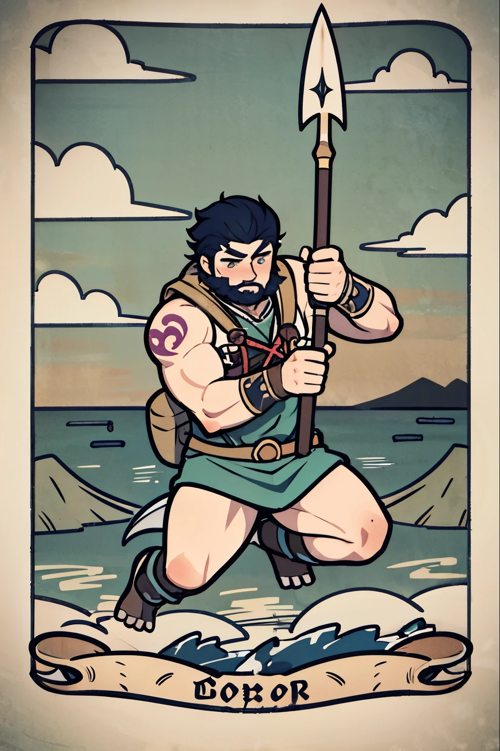 strong man, hunter, fisherman, hunting at sea, sea hunter, hunting sea monster, harpoon, spear, hunting spear, jumping with spear, by bestiary_style, masterpiece, best quality, solo, perfect face, high detailed, solo, high detailed hands, perfect hands, distant view, RPG character, sea monster in the background, muscular, tattoed, character design, RPG game