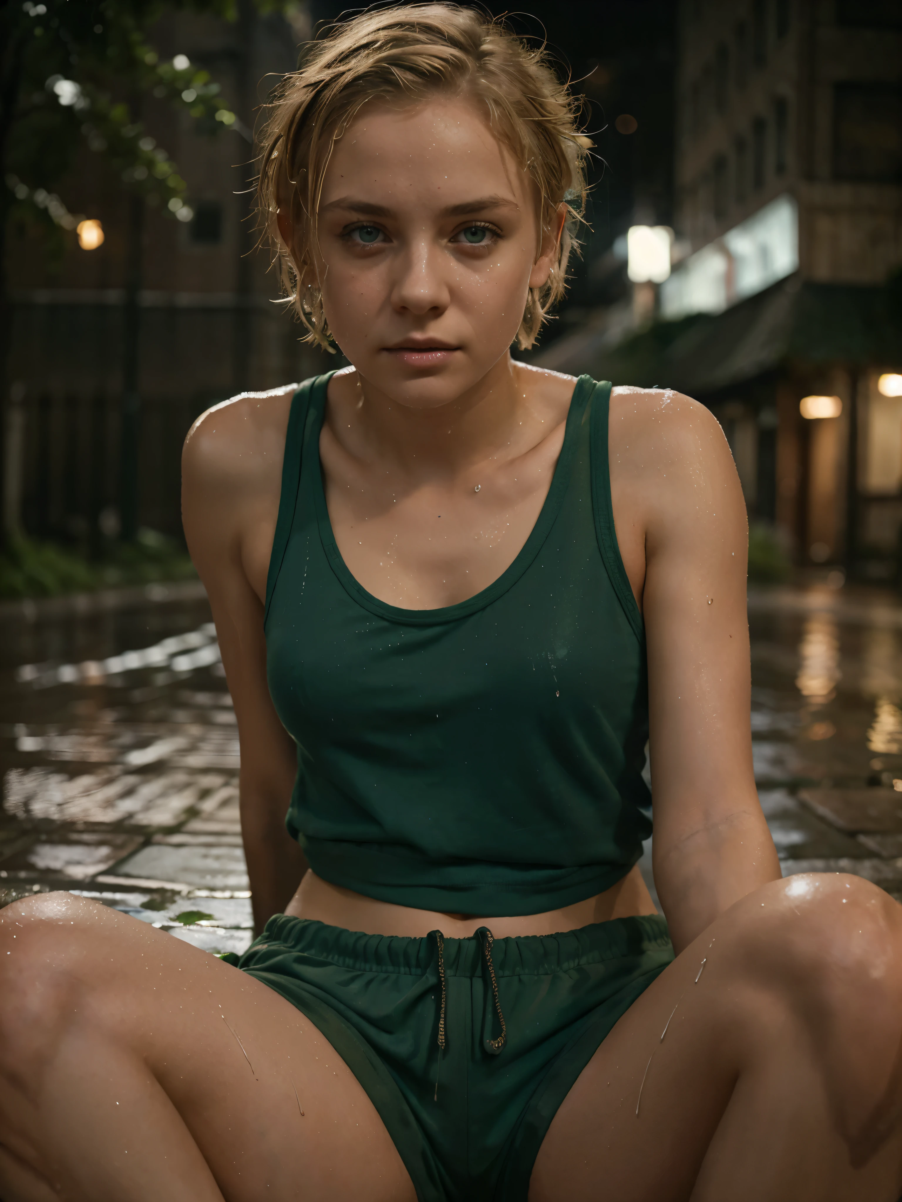 young homeless woman with crazy short blond hair and green eyes, pretty, hopeless expression, soaking wet, baggy tank top and sweat shorts, sitting leaning against brick wail outdoors in rain at night in city, moody, looking at viewer, dramatic lighting, portrait photography, (depth of field), ((masterpiece)), ((best quality)), ((highly detailed))