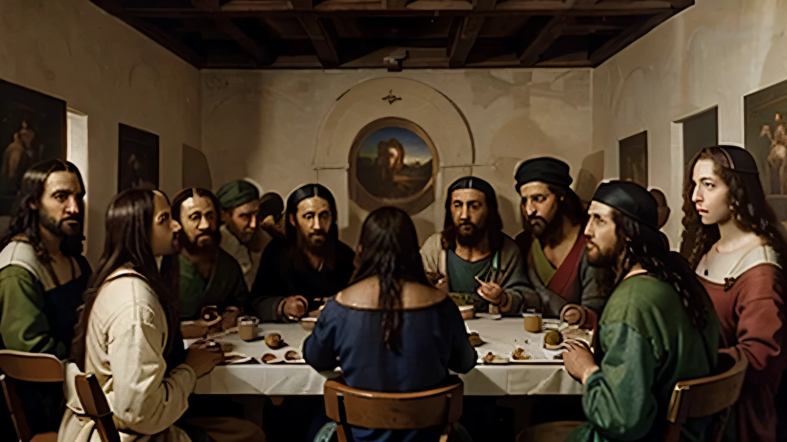 A Renaissance painting of The last Supper from the Jesus Christ point of view, in front is the painter Leonardo da Vinci
