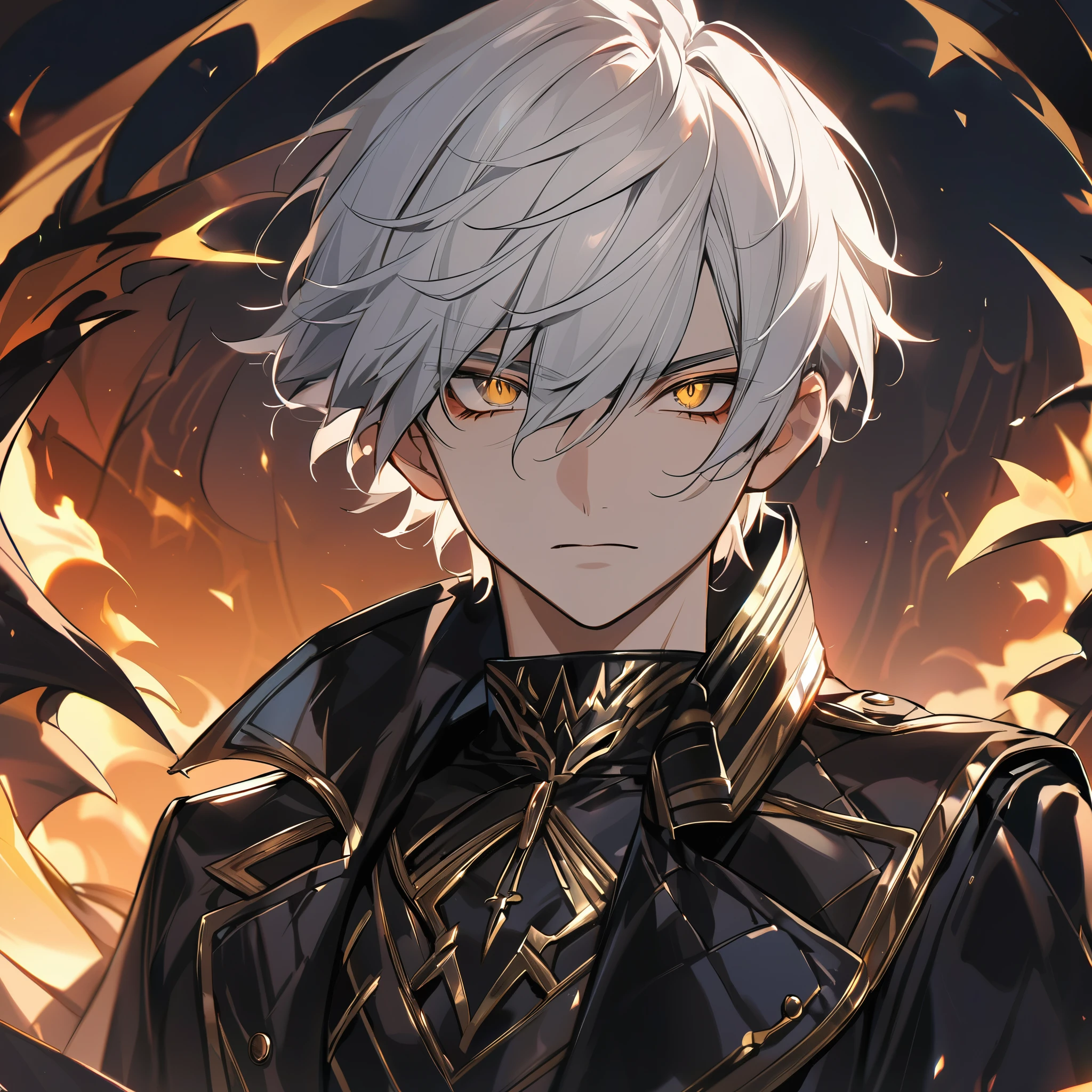 Handsome male, 1male, 17 years old, teenager, golden lining, short white hair, flat cut hair, sharp eyes, gold eyes, devil may cry, close up, calm expression, stoic, black leather clothes, black jacket, black gloves, upper body, looking at viewer, cowboy shot, black dragon background