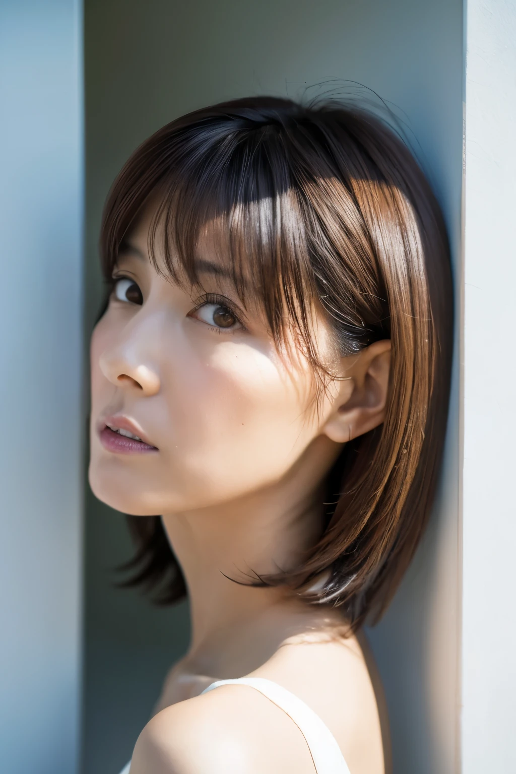 8K, (Raw photo), (Photo realistic:1.4), (4K Highest image quality:1.2), (High resolution:1.4), (hyper realistic:1.1), Depth of field, (Detailed face), (Detailed eyes), beautiful eyes, (Skinny Japanese lady, 35 years old), a little depressed face expression, in front of the white door, ((white wall room with window)), natural soft light, Short hair, (layered haircut:1.2), (Detailed expression of hair), (in profile), Versatile poses, random pose, bare sholders