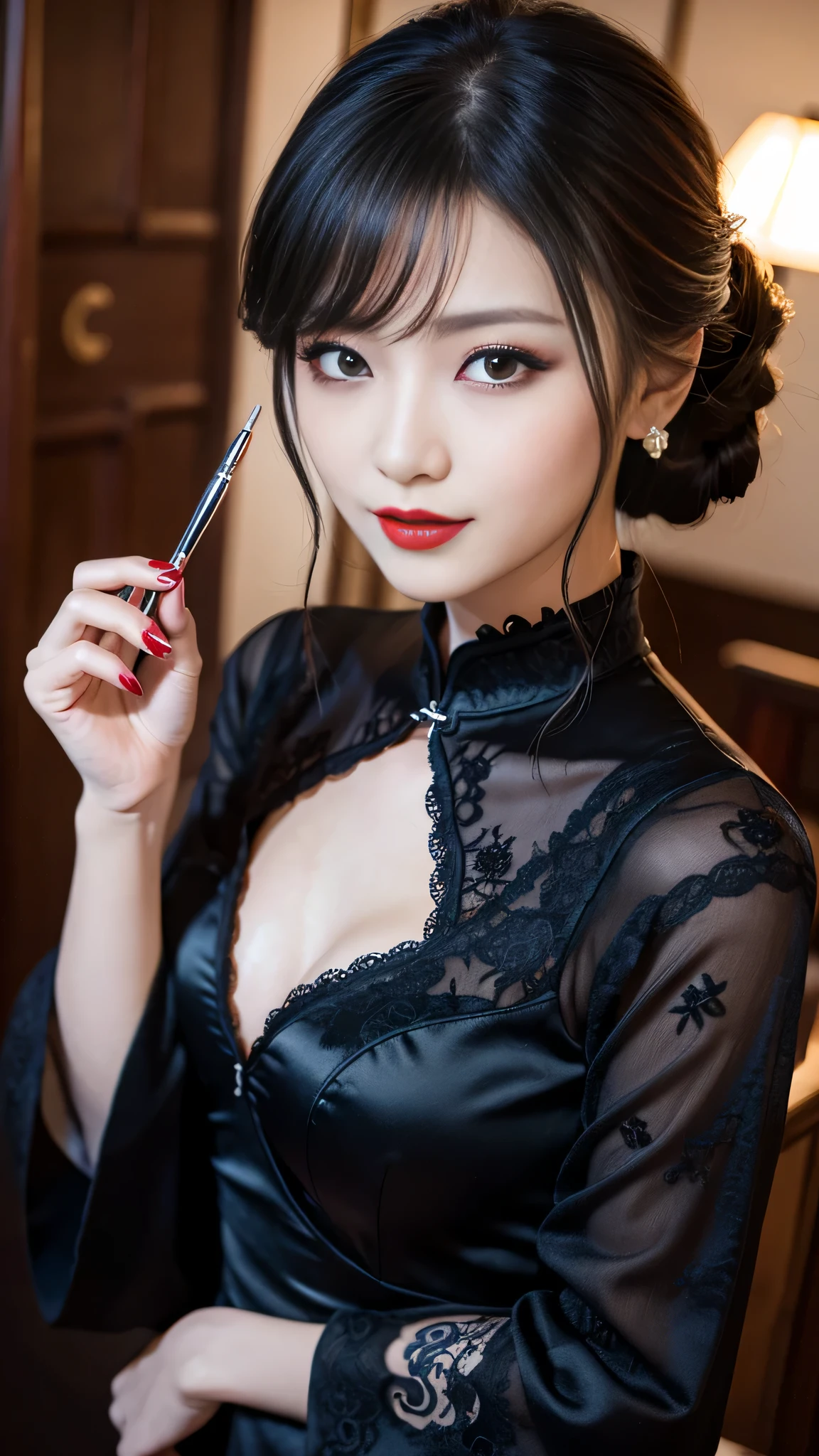 Super detailed、Japanese、charming beauty、seductive adult woman、Beautiful woman、sharp eyes、cool girl、wavy hair、half up hair、long black cheongsam、wide sleeve、evilの幹部、evil depravity、brainwashing、Mind control、apply lipstick、grin、evilな表情、evil、empty eyes、evil、church at night、vampire、vampire、Hypnosia makeup brush