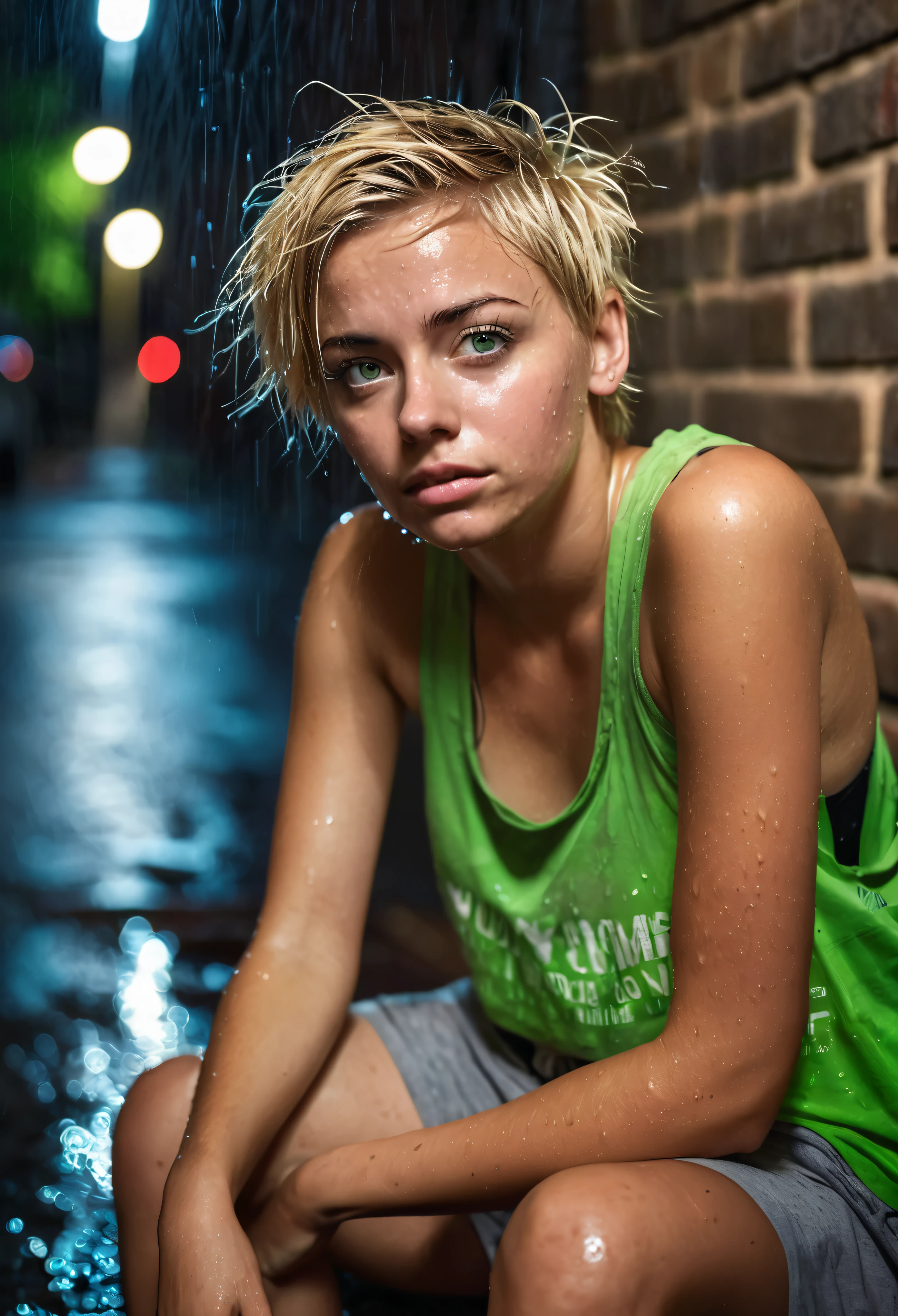 young homeless woman with crazy short blond hair and green eyes, pretty, hopeless expression, soaking wet, baggy tank top and sweat shorts, sitting leaning against brick wail outdoors in rain at night in city, moody, looking at viewer, dramatic lighting, portrait photography, (depth of field), ((masterpiece)), ((best quality)), ((highly detailed))
