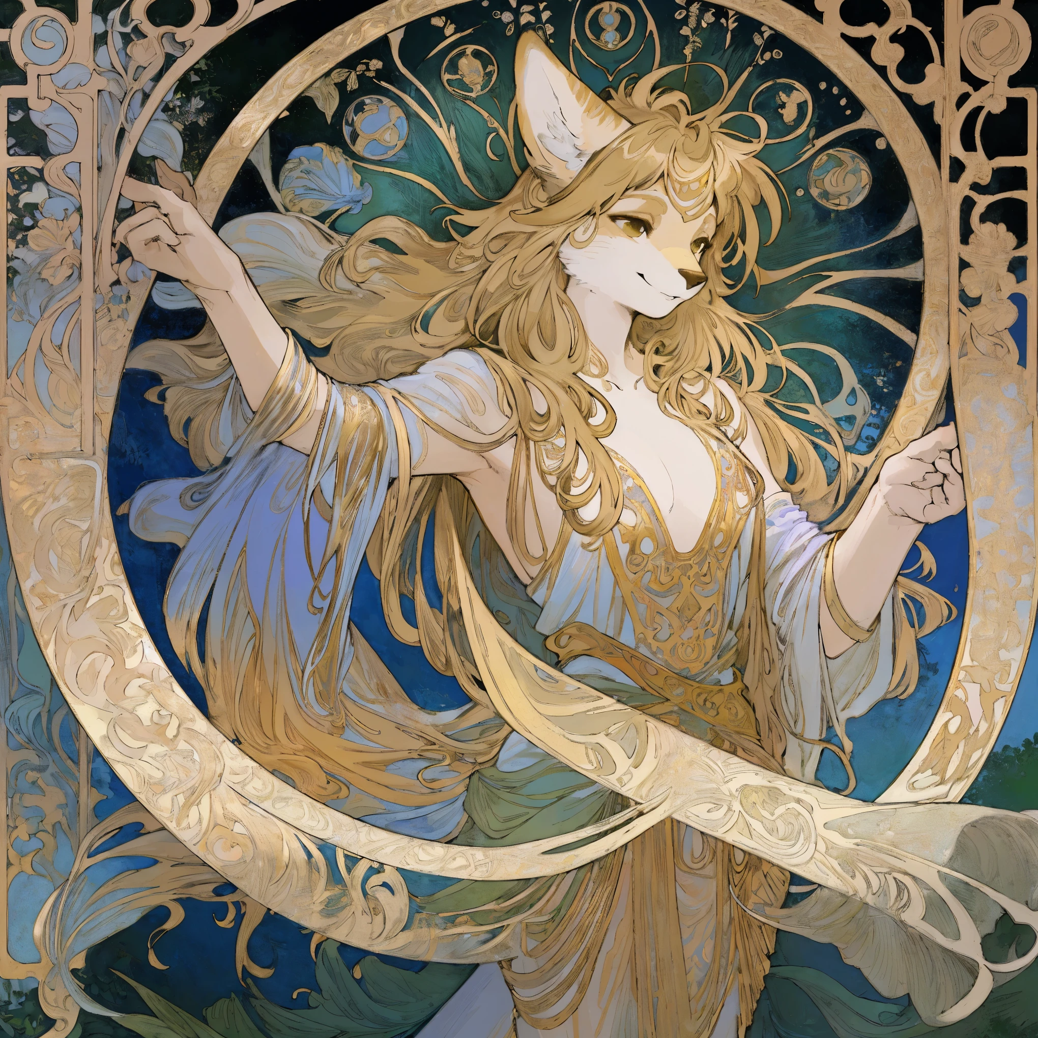 cover page, highres, top quality, best quality, paid reward available, unparalleled masterpiece, perfect artwork, absurdres, High-quality illustrations by Alphonse Mucha, art nouveau, Delicate and elegant linework, flowing hair, Flowing Dresses, Curvilinear lines, Decoration with plant motifs, Geometric decoration, Poetic atmosphere, Rich colors, Dreamy, mystical, Tarot Card(In the forest where the stream flows, Backlighting)perfect anatomy(Furry, Solo focus, Dress, Long Globe)(furry anthro:1.7)((8furry body, Facial features of animals, Features of the animal's body)))All over body, Archaic Smile (portrait),