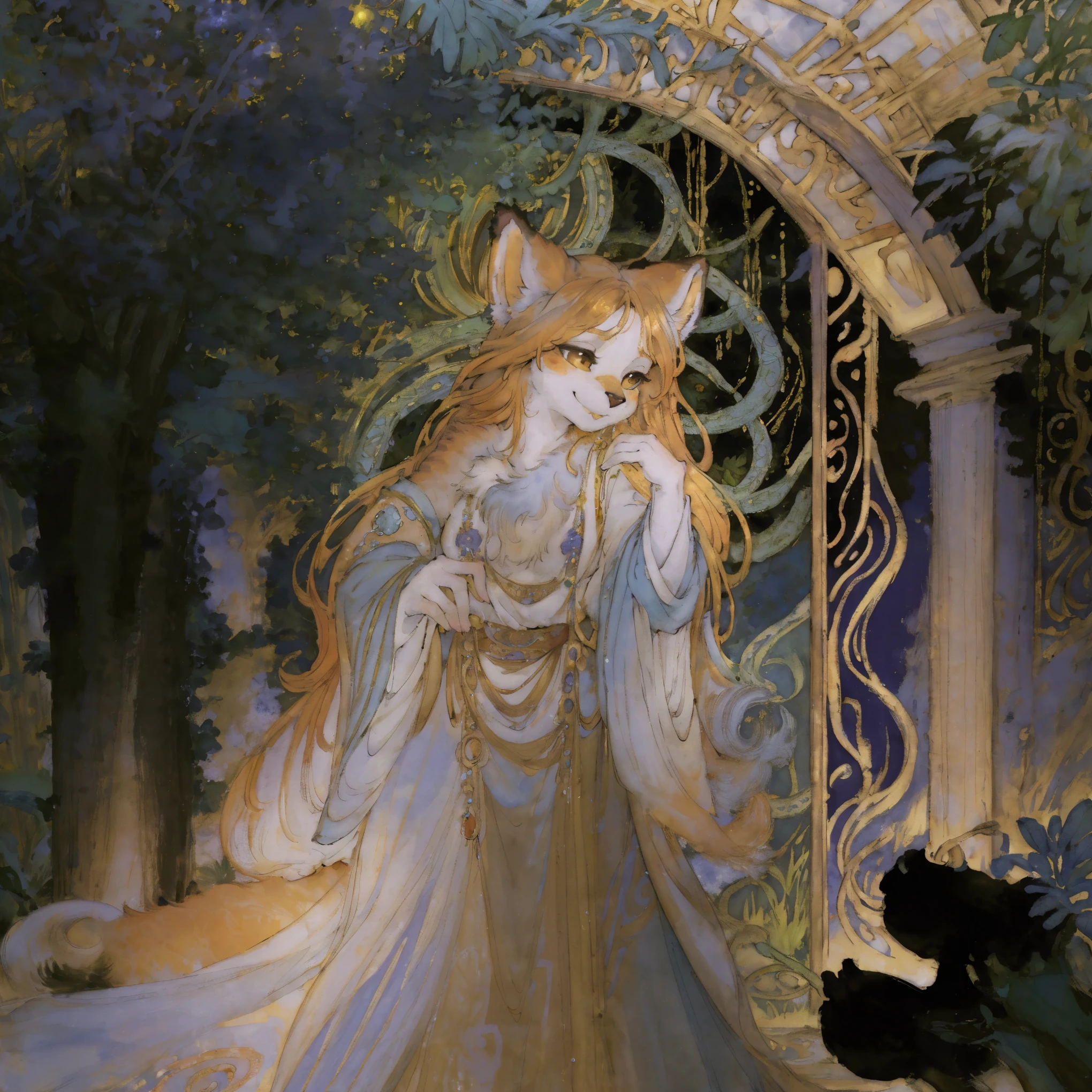cover page, highres, top quality, best quality, paid reward available, unparalleled masterpiece, perfect artwork, absurdres, High-quality illustrations by Alphonse Mucha, art nouveau, Delicate and elegant linework, flowing hair, Flowing Dresses, Curvilinear lines, Decoration with plant motifs, Geometric decoration, Poetic atmosphere, Rich colors, Dreamy, mystical, Tarot Card(In the forest where the stream flows, Backlighting)perfect anatomy(Furry, Solo focus, Dress, Long Globe)(furry anthro:1.7)((8furry body, Facial features of animals, Features of the animal's body)))All over body, Archaic Smile (portrait),