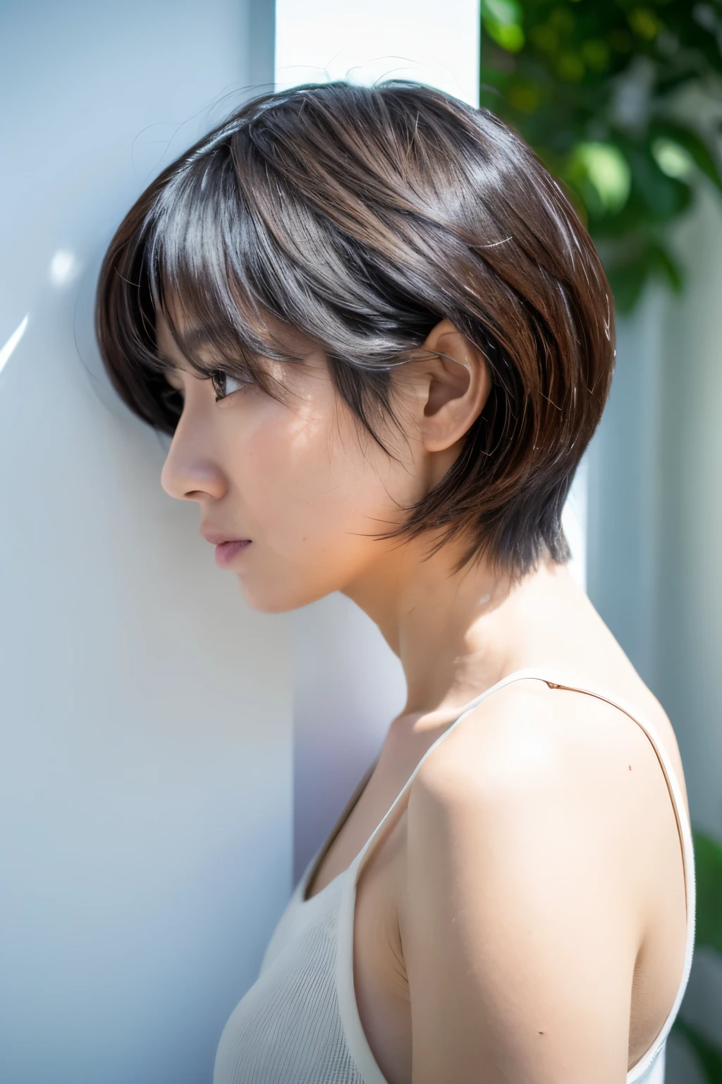 8K, (Raw photo), (Photo realistic:1.4), (4K Highest image quality:1.2), (High resolution:1.4), (hyper realistic:1.1), Depth of field, (Detailed face), (Detailed eyes), beautiful eyes, (Skinny Japanese lady, 35 years old), a little depressed face expression, in front of the white door, ((white wall room with window)), natural soft light, Short hair, (layered haircut:1.2), (Detailed expression of hair), (in profile), Versatile poses, random pose, bare sholders