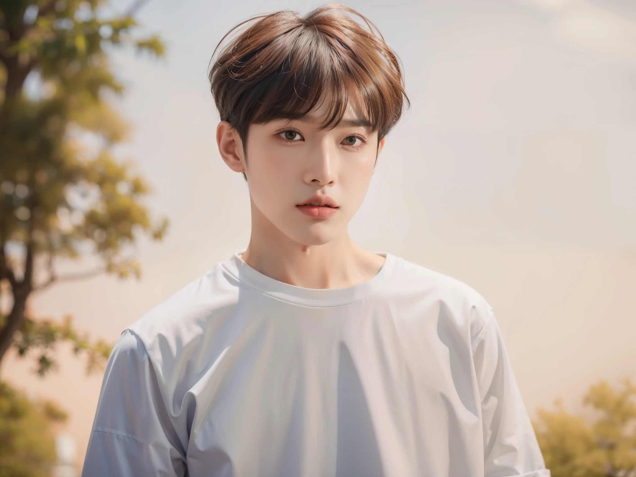 a close up of a person with a shirt and a tree in the background, Cai Xukun, Jung Jaehyun, Yanjun Chengt, inspirado em Yanjun Cheng, Jungkook, inspirado em Bian Shoumin, Jinyoung Shin, taejune kim, Sakimichan, Kim Doyoung, ele tem cabelo castanho curto e encaracolado, inspirado em jeonseok lee, Jimin