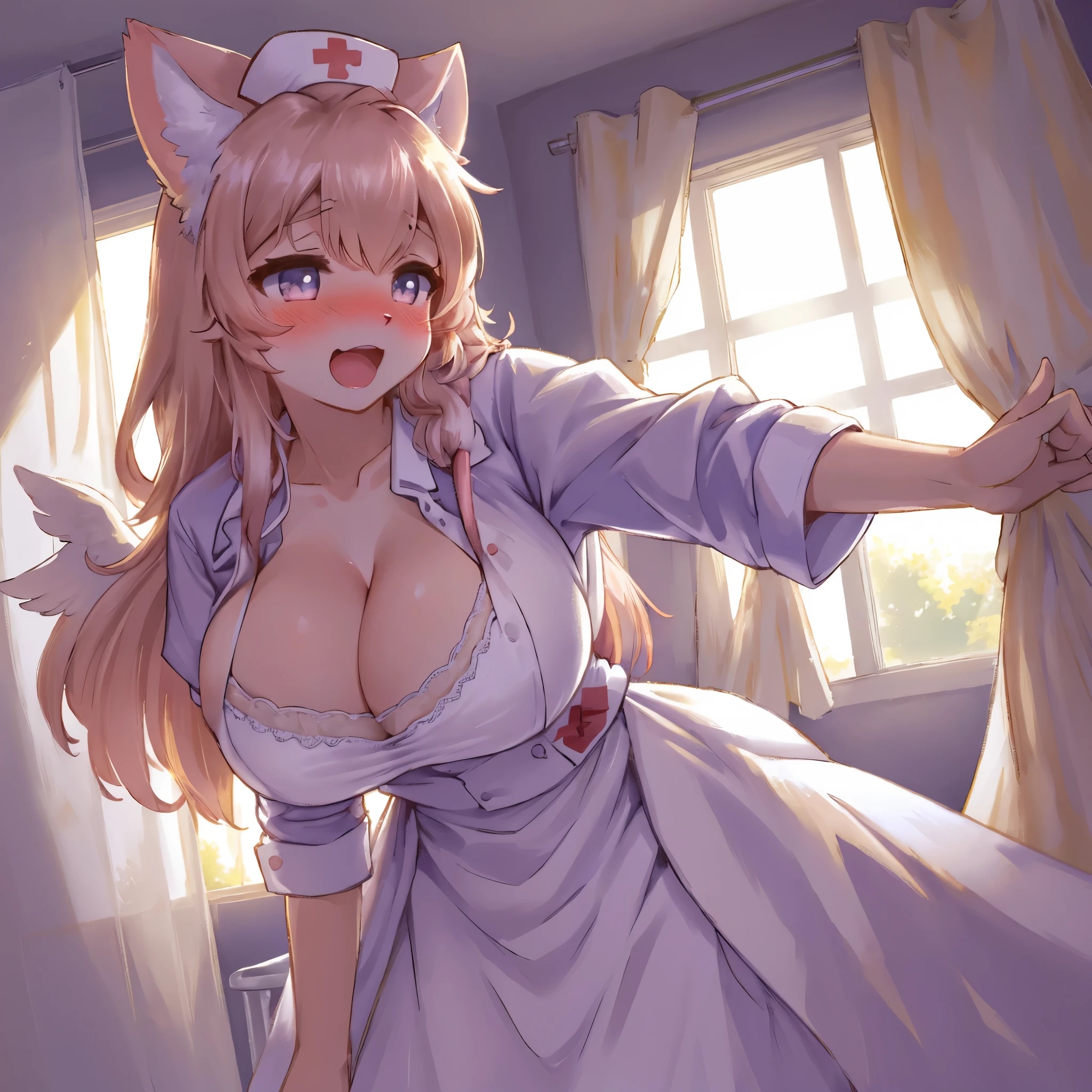 Point Of View, Cowgirl position, Cat nurse reaching for me anxiously, Hospital room, White curtains, sunlight, window, nurse's outfit, big breasts, cleavage, puffy detailed beautiful face and eyes)absurdres, perfect anatomy(kemono, angelic cute girl, solo focus)(furry anthro)(very detailed body fur)embarrassed, full-face blush, open mouth,
