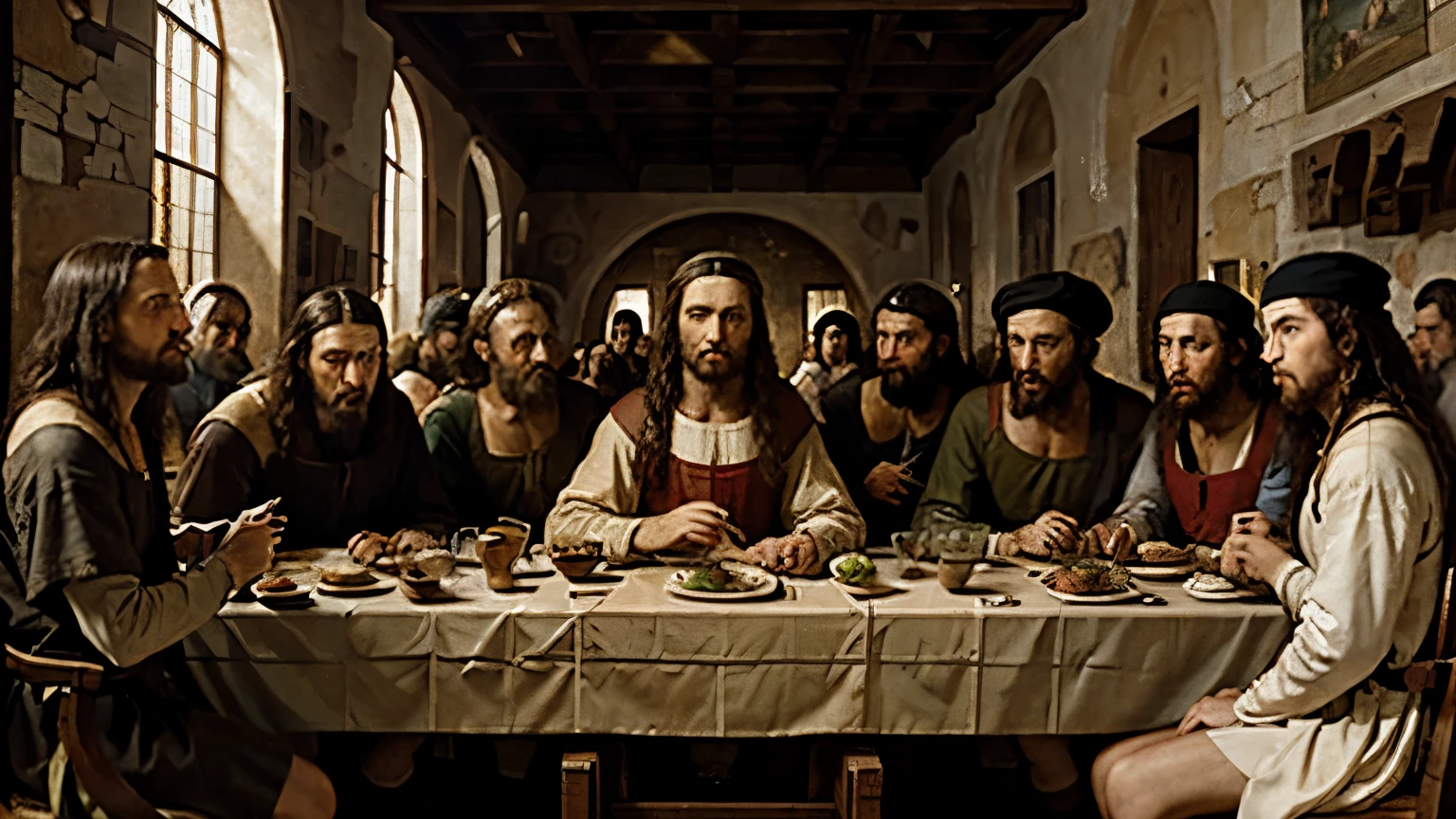 A Renaissance painting of The last Supper from the Jesus Christ point of view, in front is the painter Leonardo da Vinci, they are eating big wild boar
