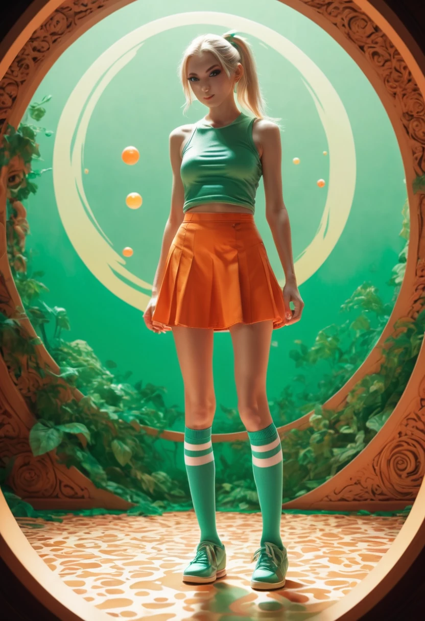 Marija, anime character, extremely skinny body shape, long legs, blonde hair with a high ponytail, mole under left eye, shoes and knee-high socks, , tnak top, powerful, shy, , the goddess of magic circles, magical powers, circles of light that emanate from his hands, action, color theme in green and orange tones with a touch of gray and brown, anime colors, fang, Surrealism, drop shadow, anaglyph, stereogram, tachi-e, pov, atmospheric perspective, 8k, super detail, ccurate, best quality