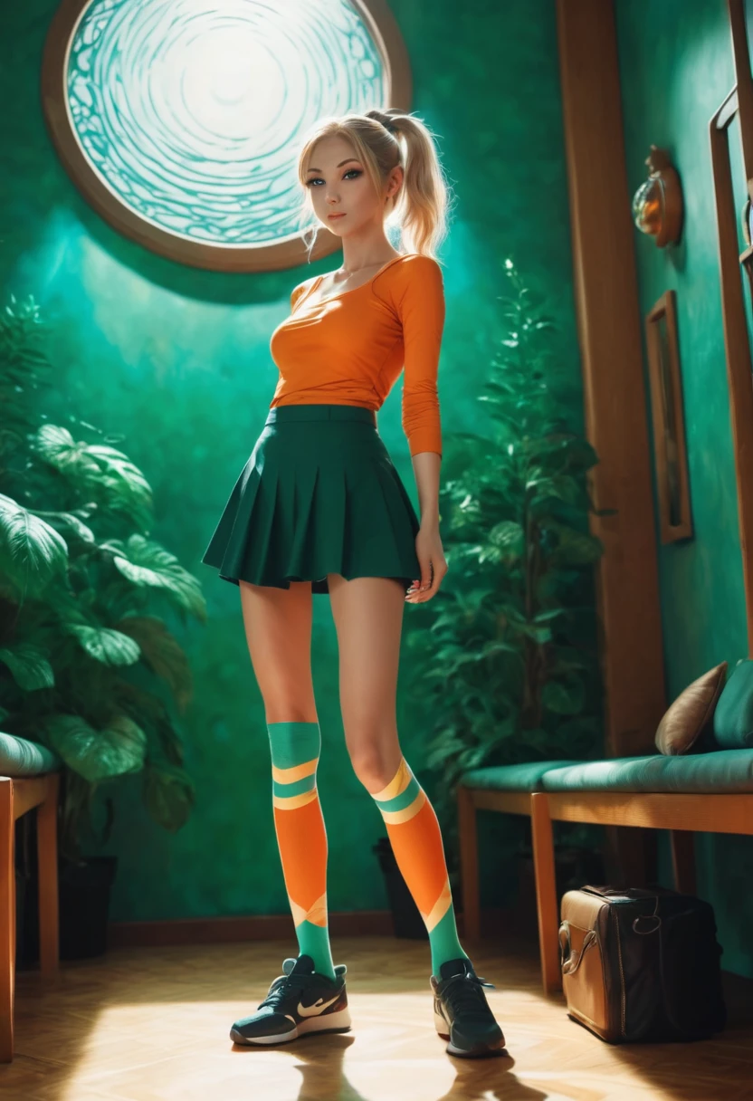 Marija, anime character, extremely skinny body shape, long legs, blonde hair with a high ponytail, mole under left eye, shoes and knee-high socks, miniskirt, tnak top, powerful, shy, submissive, the goddess of magic circles, magical powers, circles of light that emanate from his hands, action, color theme in green and orange tones with a touch of gray and brown, anime colors, fang, Surrealism, drop shadow, anaglyph, stereogram, tachi-e, pov, atmospheric perspective, 8k, super detail, ccurate, best quality