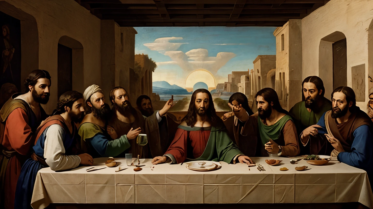 A Renaissance painting of The last Supper from the Jesus Christ point of view, in front is the painter Leonardo da Vinci, judas in front looking at the camera and wink