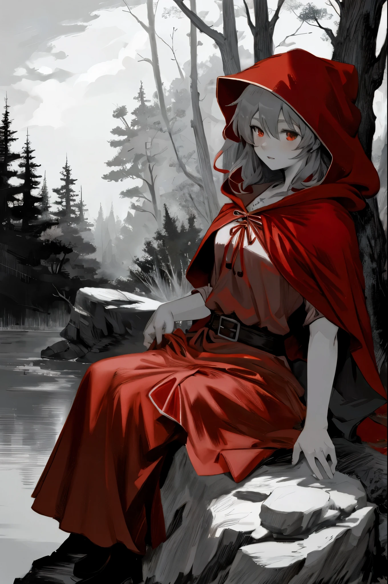 top quality, best quality, highres, unparalleled masterpiece, perfect artwork, paid reward available, anime girl in red riding hood sitting on rock in forest, an anime drawing by Shitao, pixiv, fantasy art, grayscale phtoto with red dress, red riding hood, dressed in a beautiful red cloak, little red riding hood, thief red riding hood, beautiful anime art style, high quality anime art, high quality anime artstyle, at pixiv, monochrome,