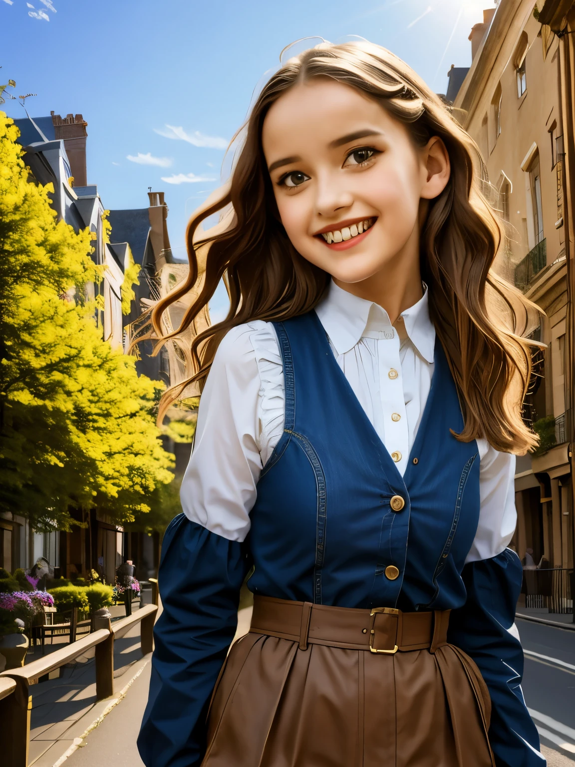 masterpiece), best quality, expressive eyes, perfect face,a girl smiles towards the camera in a wonderful sunny day. her smile is cheerful but contained and reserved, Victorian era posing in front of a period building, night, street lights, people along the road, horse-drawn carriages, romantic atmosphere, sky with various nocturnal colors and stars.