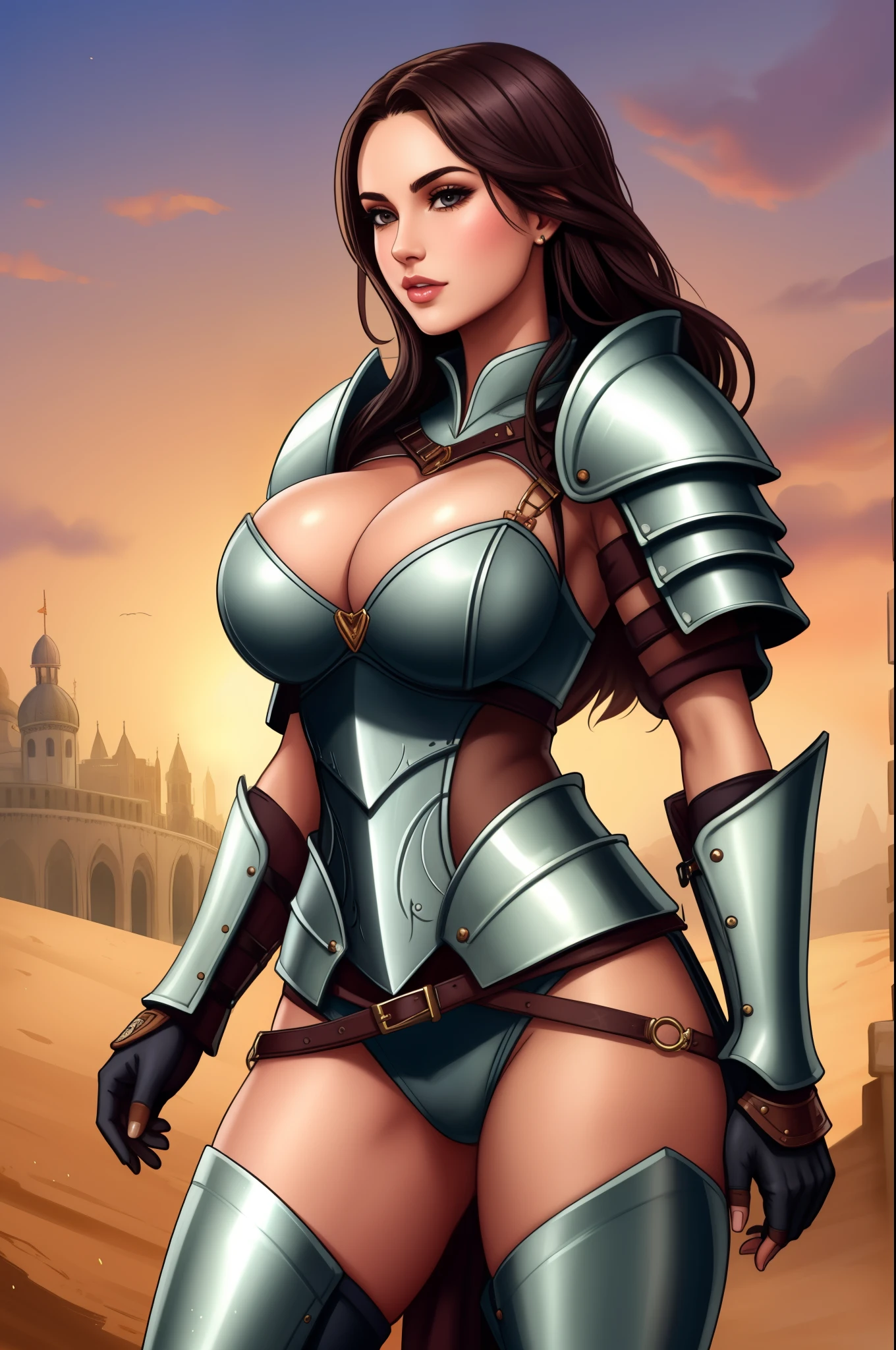 sexy female gladiator, wearing armour, heavy armour, cowboy shot